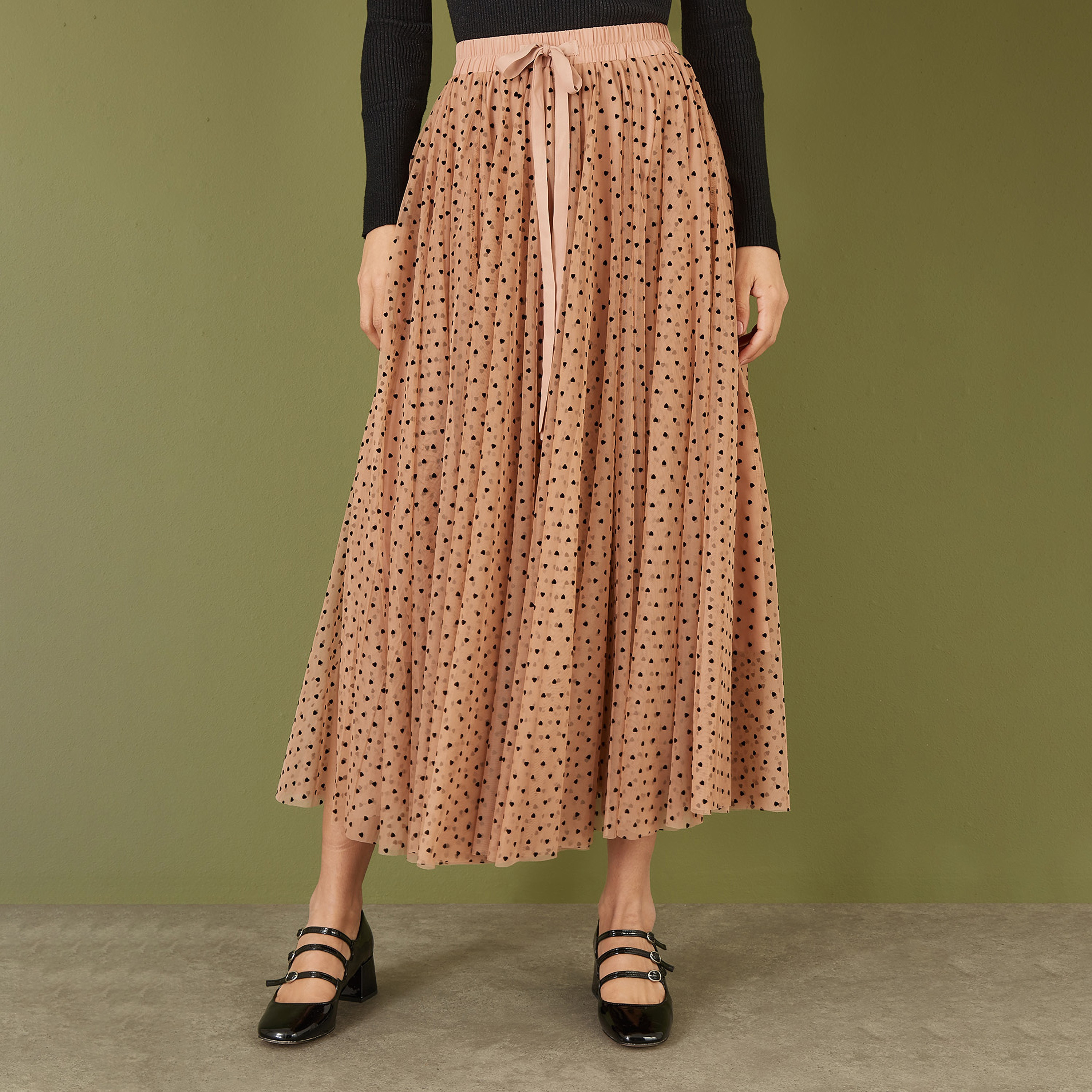 Yumi Brown Mesh Heart Print Tulle Women's Midi Skirt-women-clothing-bottoms-skirts-image-1