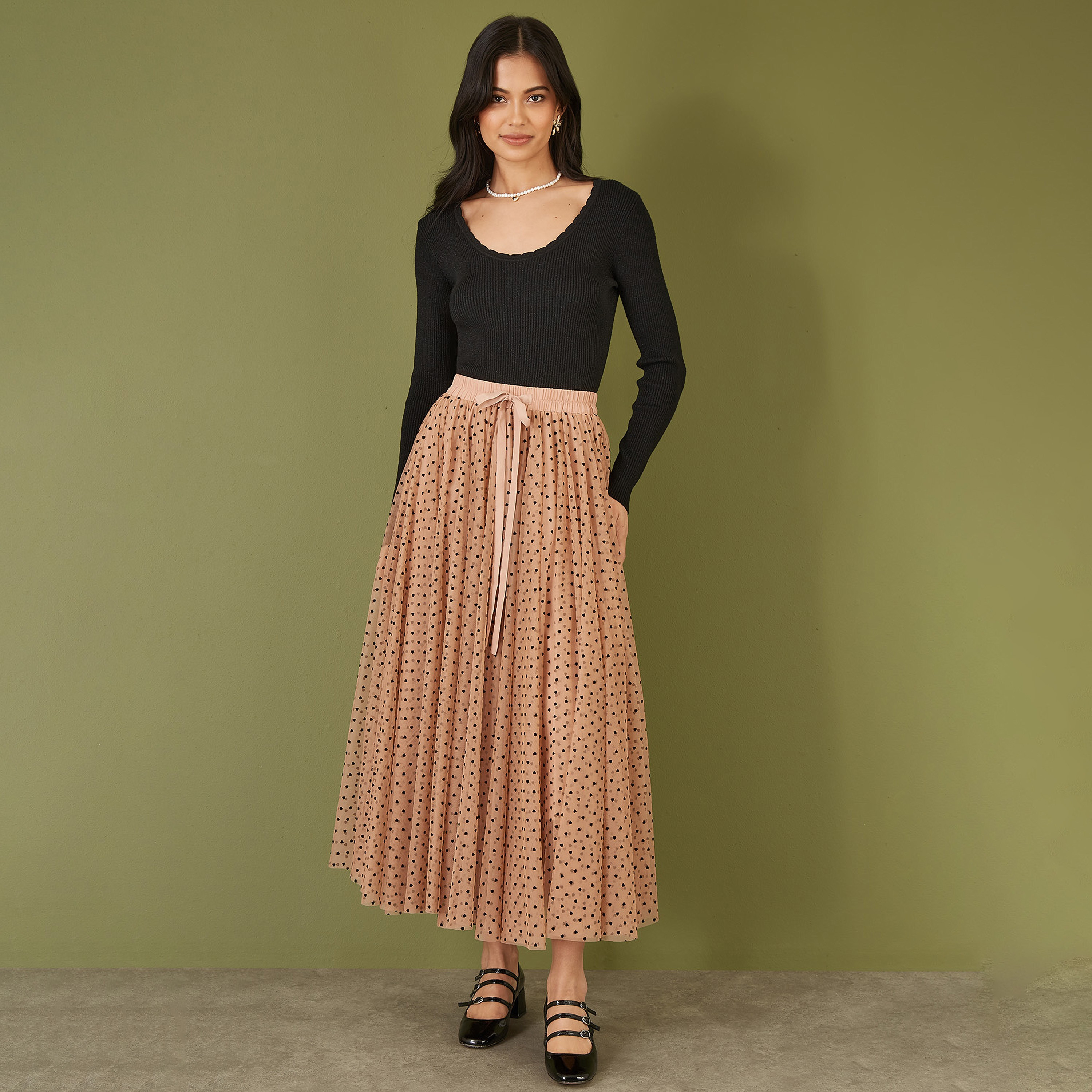 Yumi Brown Mesh Heart Print Tulle Women's Midi Skirt-women-clothing-bottoms-skirts-image-2