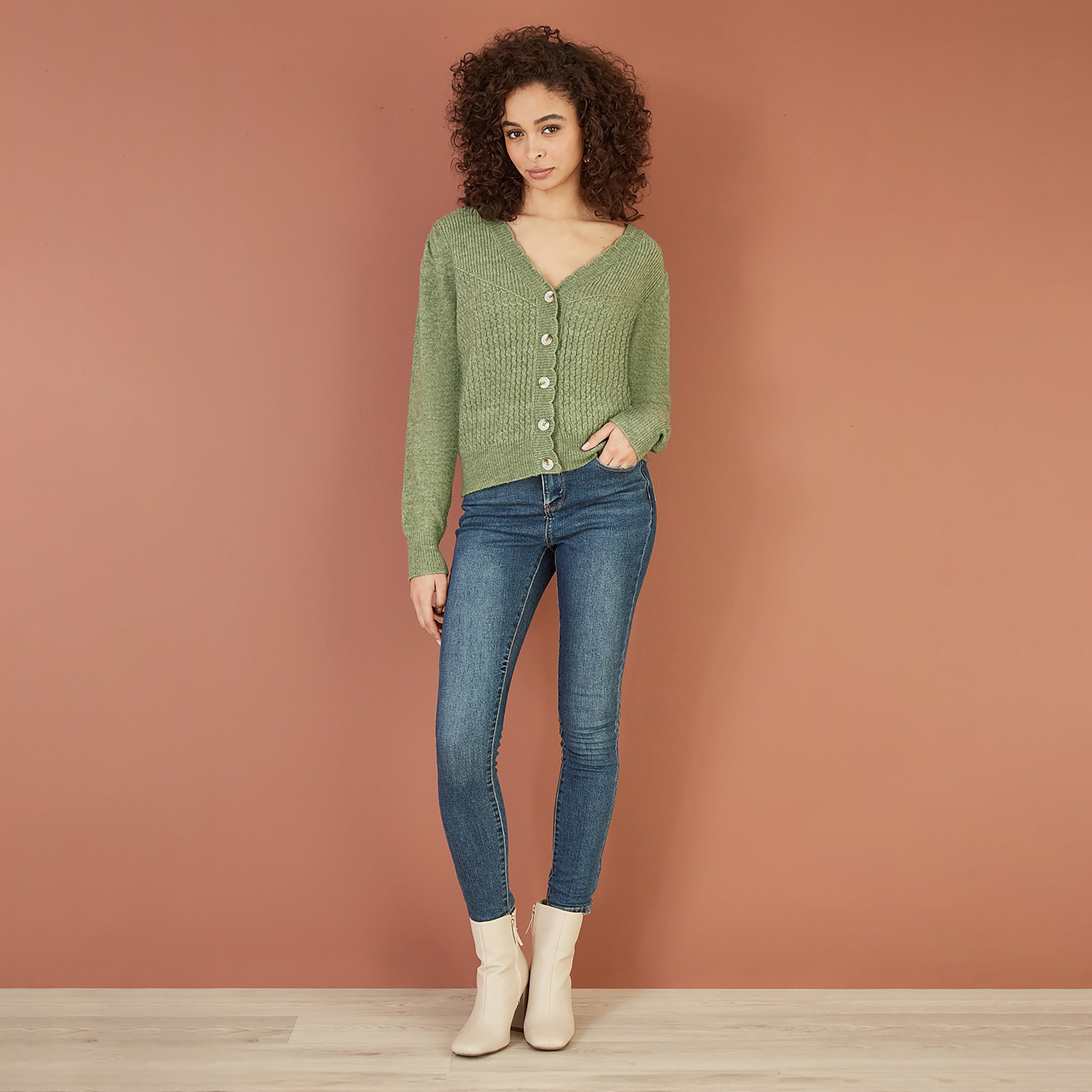 Yumi Green Twist Knit Button Up Women's Cardigan-women-clothing-cardigansandjumpers-cardigans-image-3