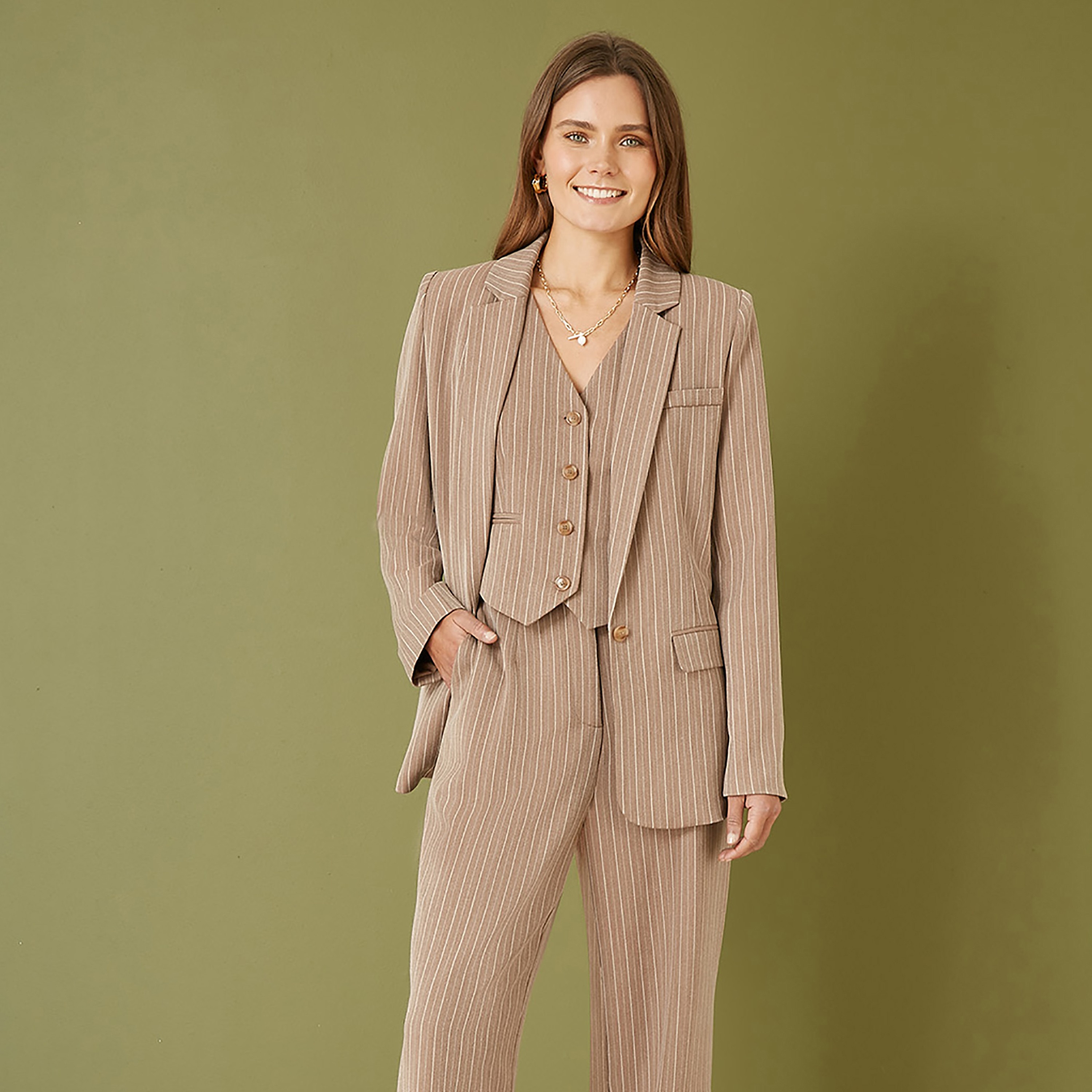 Yumi Brown Pinstripe Lapel Collared Women's Blazer-women-clothing-coatsandjackets-blazers-image-1