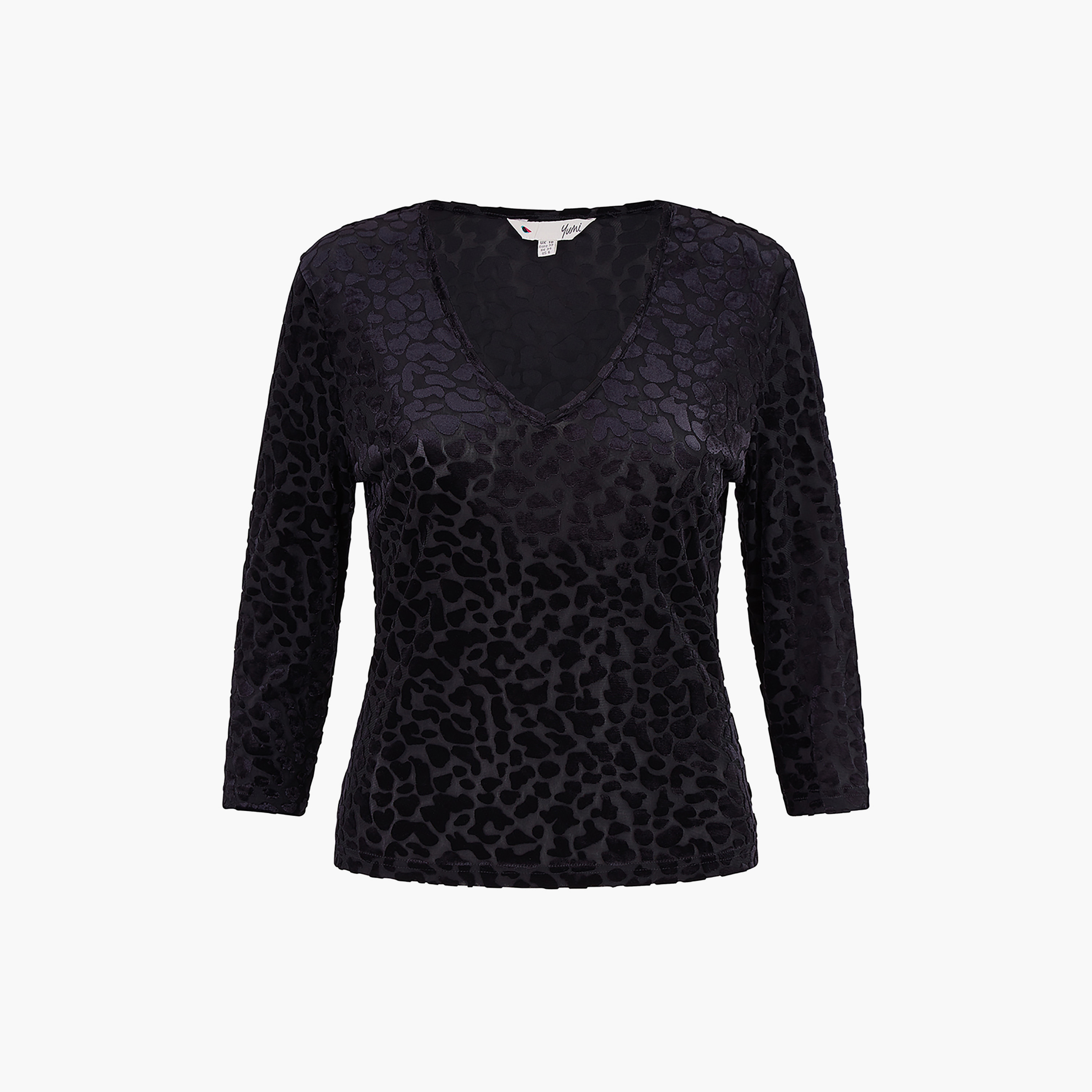 Yumi Black Stretch Leopard Velvet V-Neck Women's Top-women-clothing-shirtsandblouses-blouses-image-4