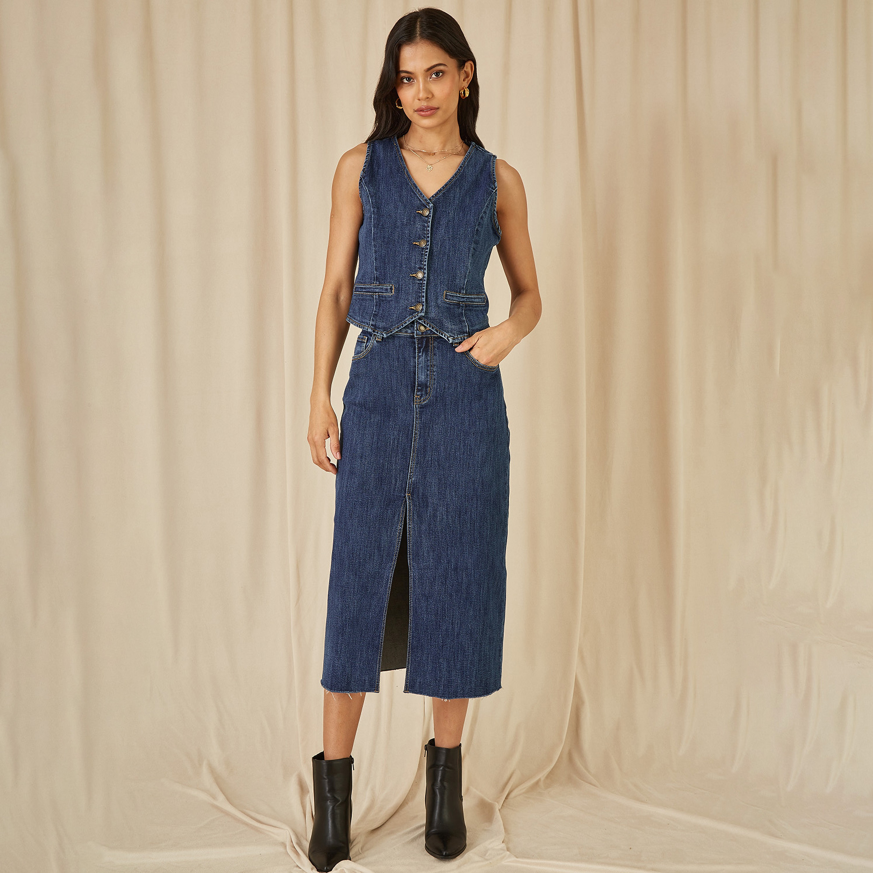 Yumi Blue Denim Stretch Fitted Women's Midi Skirt with Front Split-women-clothing-bottoms-skirts-image-2