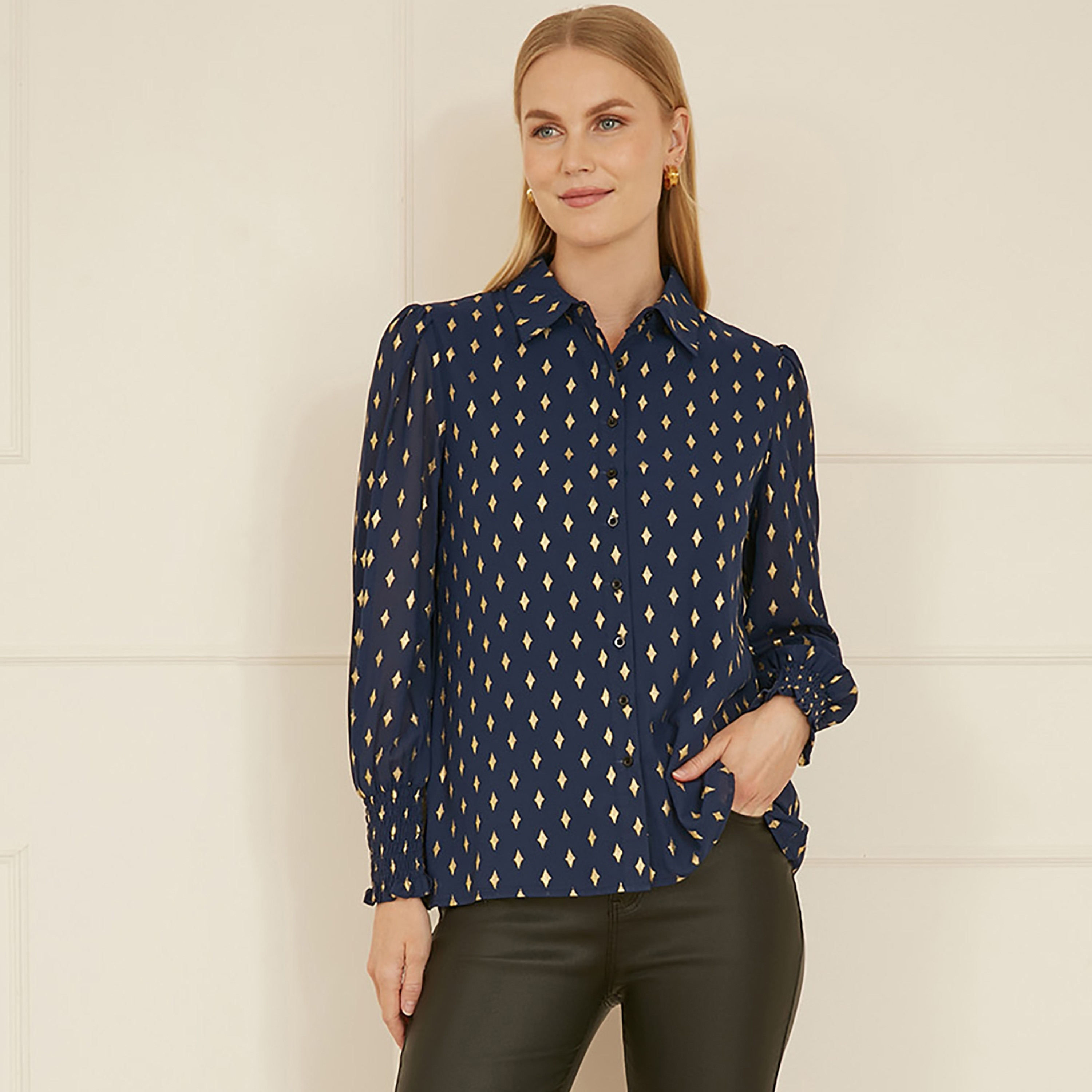 Yumi Navy Diamond Foil Print Women's Shirt with Ruched Cuff-women-clothing-shirtsandblouses-shirts-image-1
