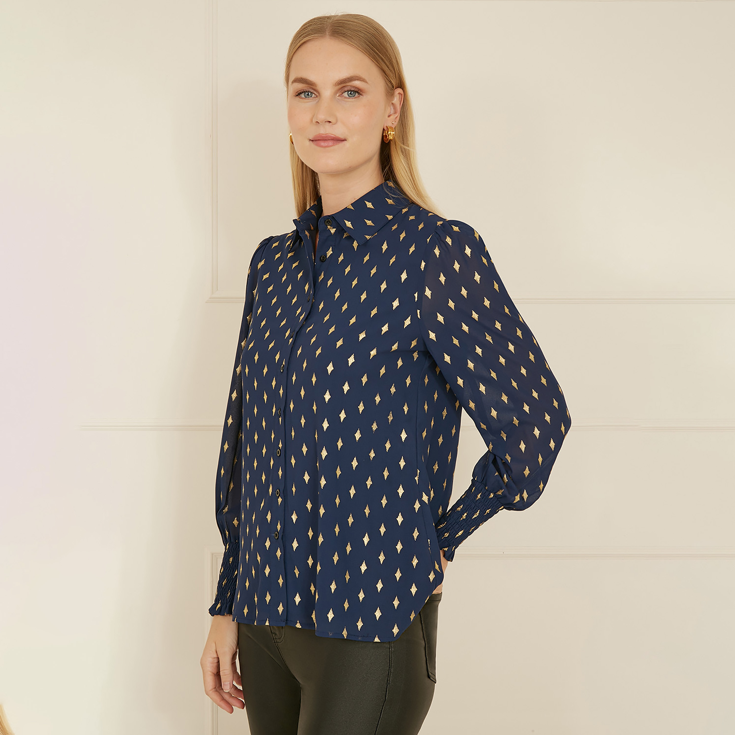 Yumi Navy Diamond Foil Print Women's Shirt with Ruched Cuff-women-clothing-shirtsandblouses-shirts-image-2