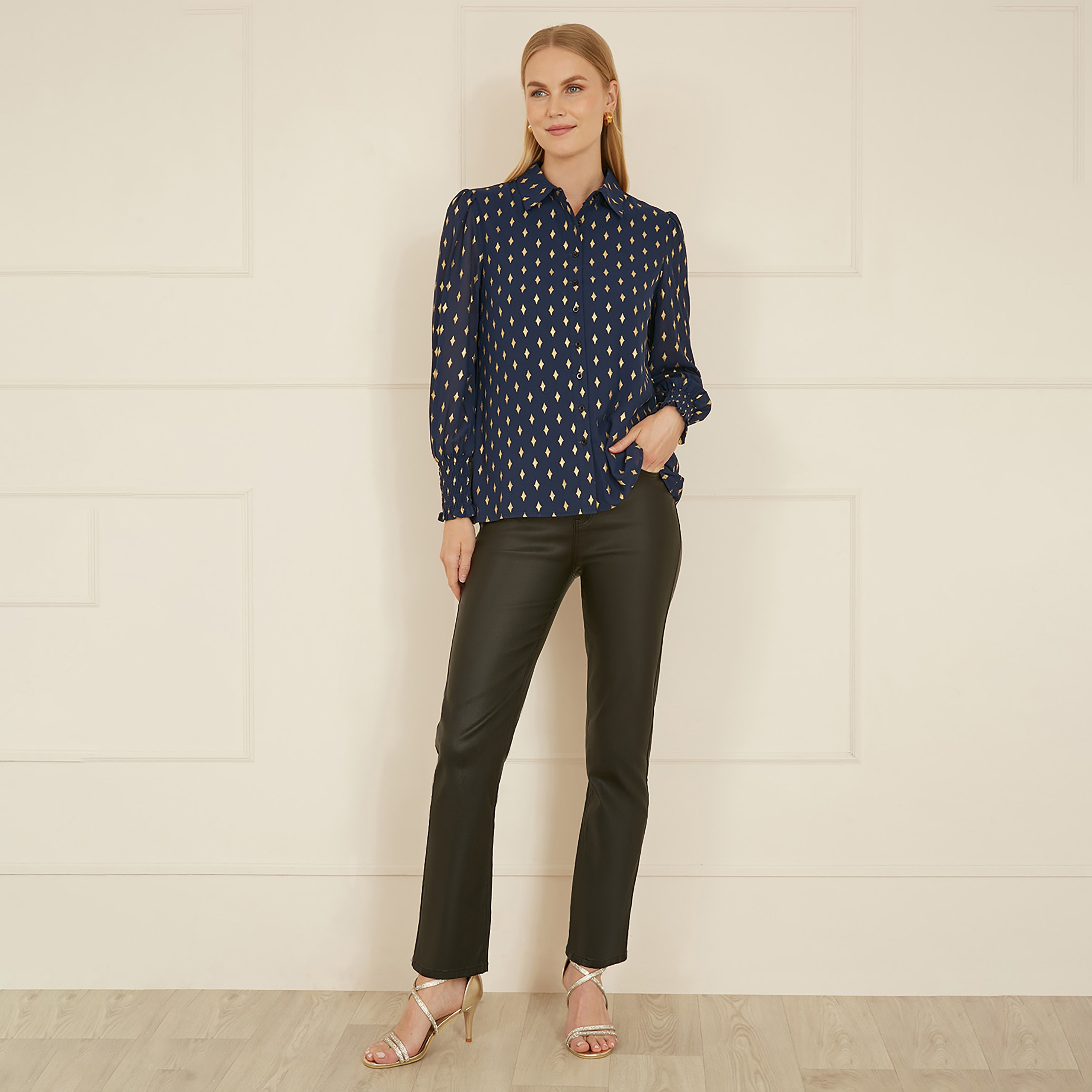 Yumi Navy Diamond Foil Print Women's Shirt with Ruched Cuff-women-clothing-shirtsandblouses-shirts-image-3