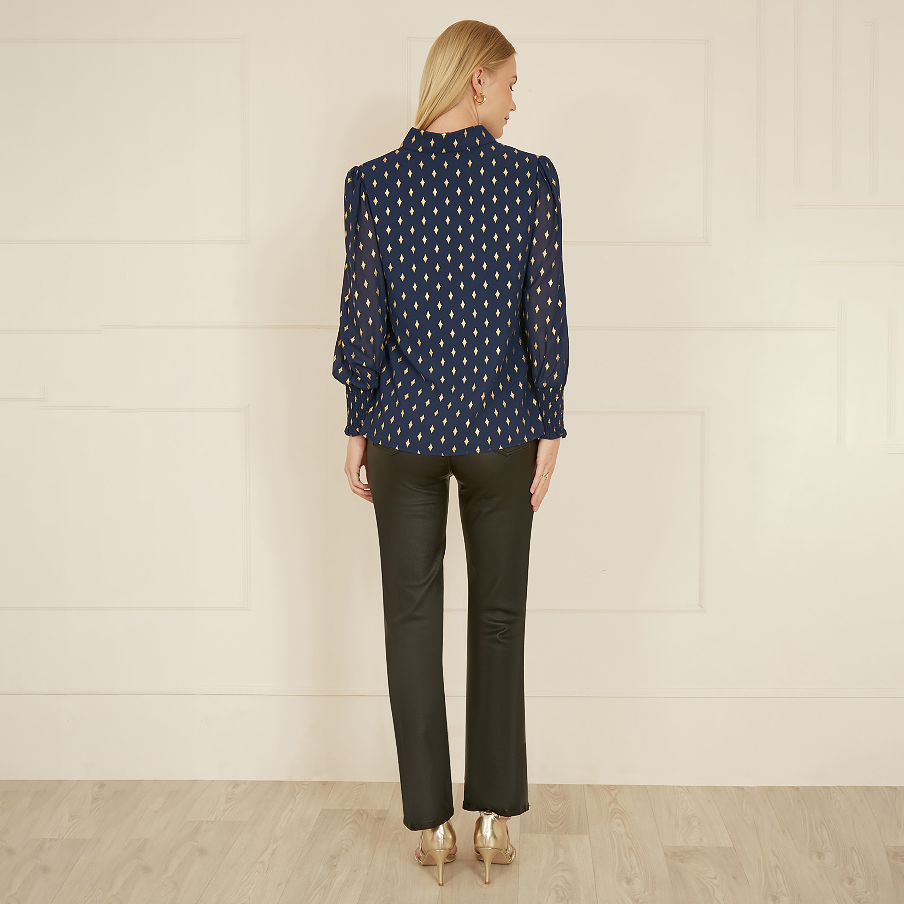 Yumi Navy Diamond Foil Print Women's Shirt with Ruched Cuff-women-clothing-shirtsandblouses-shirts-image-4