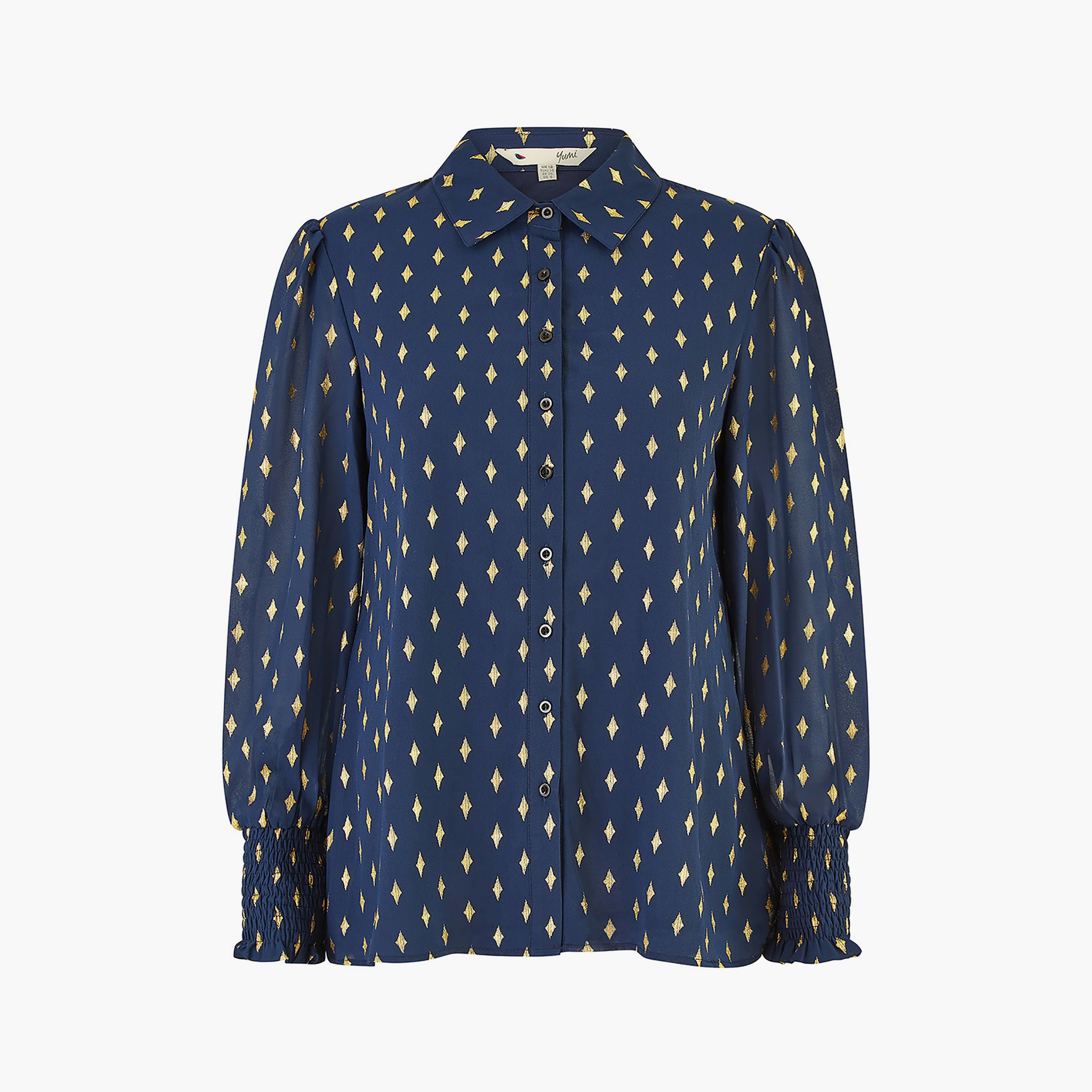 Yumi Navy Diamond Foil Print Women's Shirt with Ruched Cuff-women-clothing-shirtsandblouses-shirts-image-6