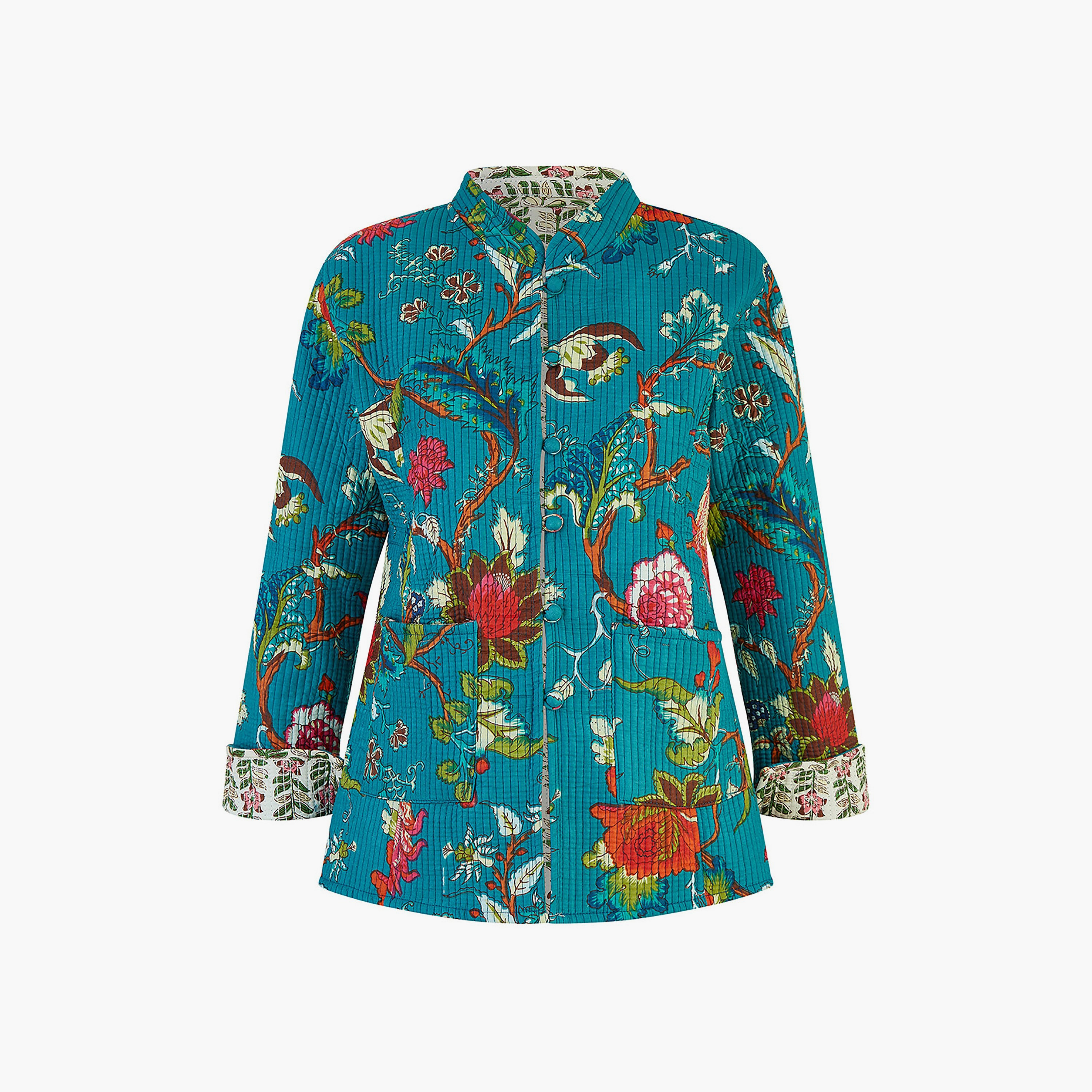 Yumi Teal Floral Print Reversible Cotton Quilted Women's Jacket-women-clothing-coatsandjackets-jackets-image-1