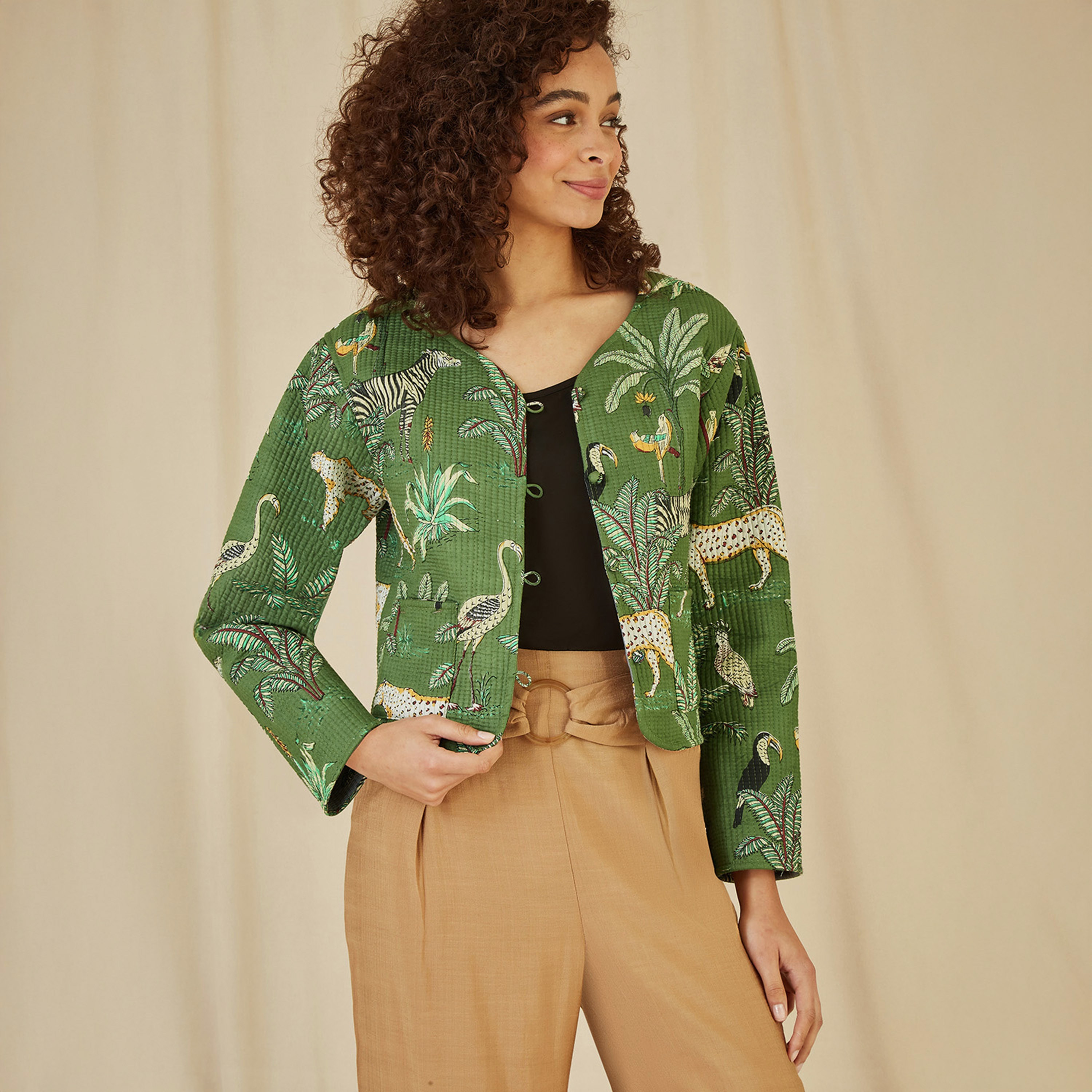 Yumi Green Animal Print Reversible Cotton Cropped Quilted Women's Jacket-women-clothing-coatsandjackets-jackets-image-1