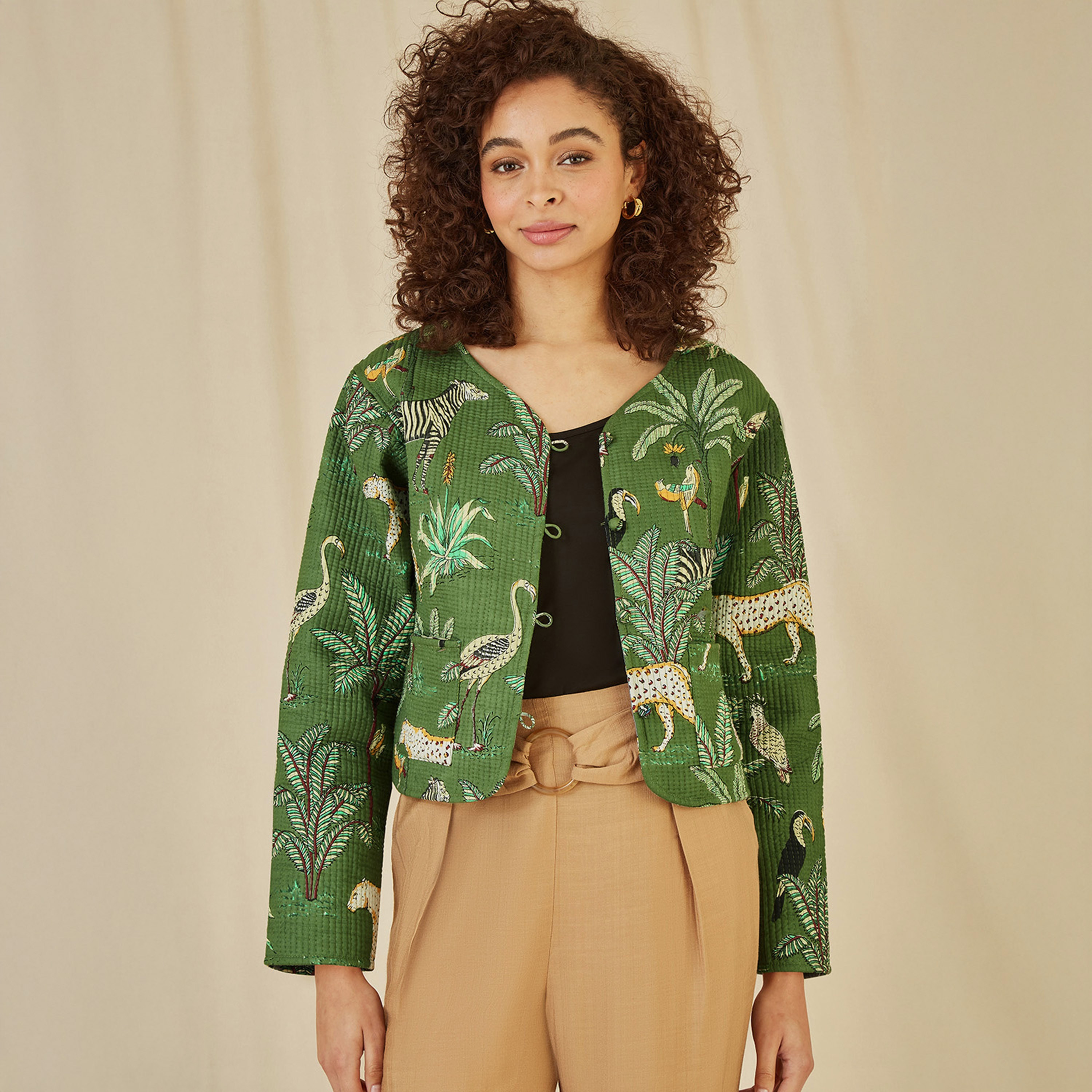 Yumi Green Animal Print Reversible Cotton Cropped Quilted Women's Jacket-women-clothing-coatsandjackets-jackets-image-2