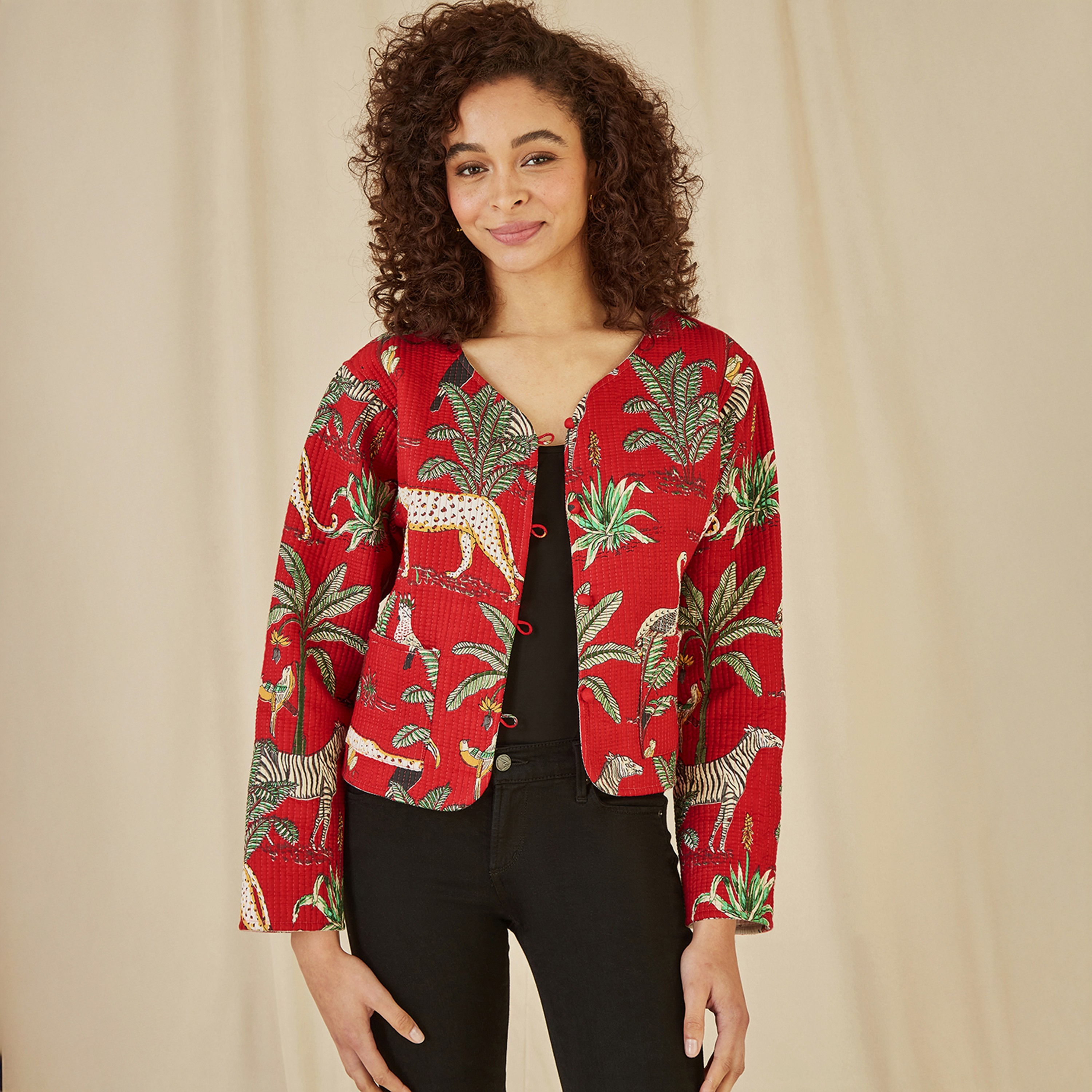 Yumi Red Animal Print Reversible Cotton Cropped Quilted Women's Jacket-women-clothing-coatsandjackets-jackets-image-1