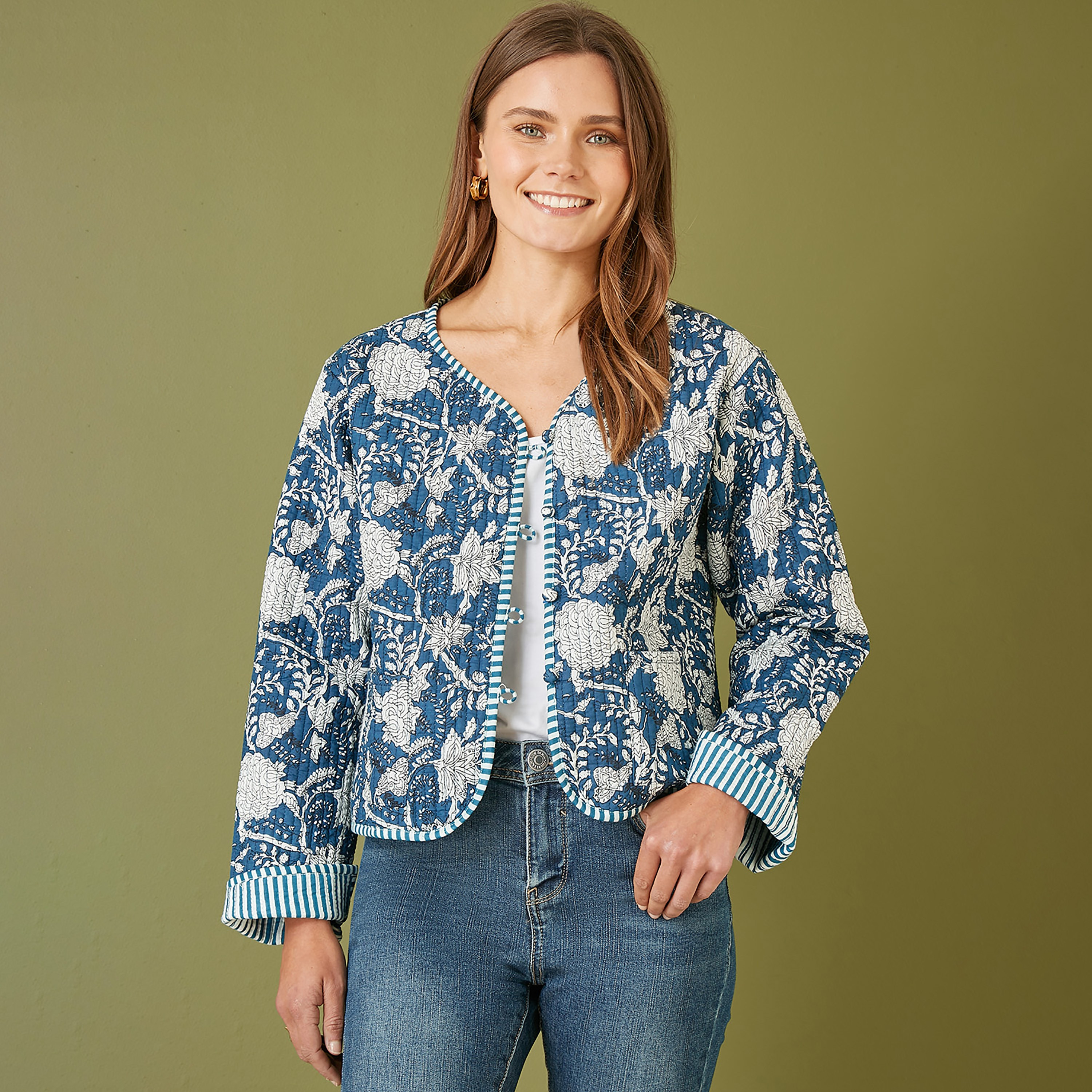 Yumi Blue Floral Patchwork Reversible Cotton Women's Jacket-women-clothing-coatsandjackets-jackets-image-1