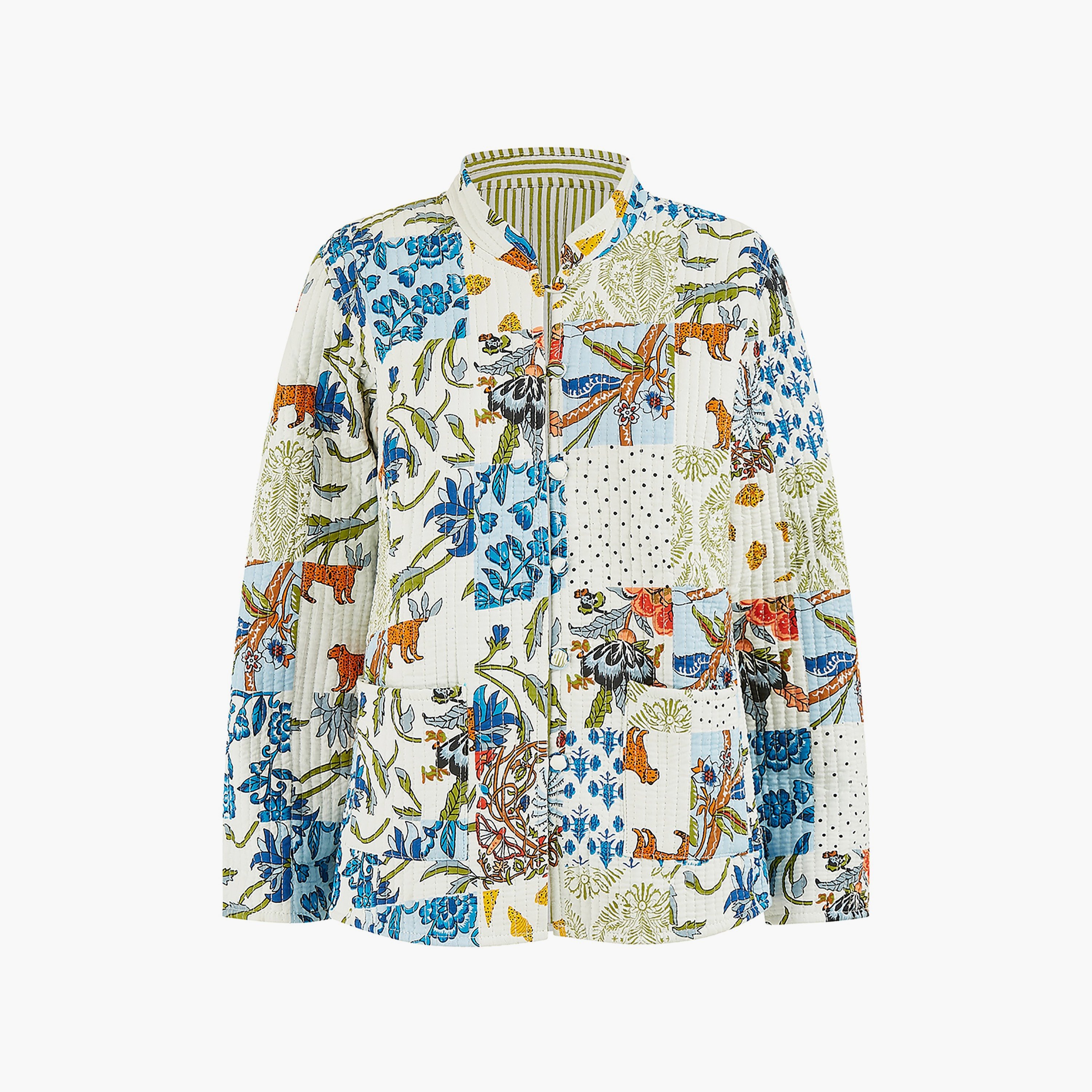 Yumi White Indian Patchwork Reversible Cotton Women's Jacket-women-clothing-coatsandjackets-jackets-image-1