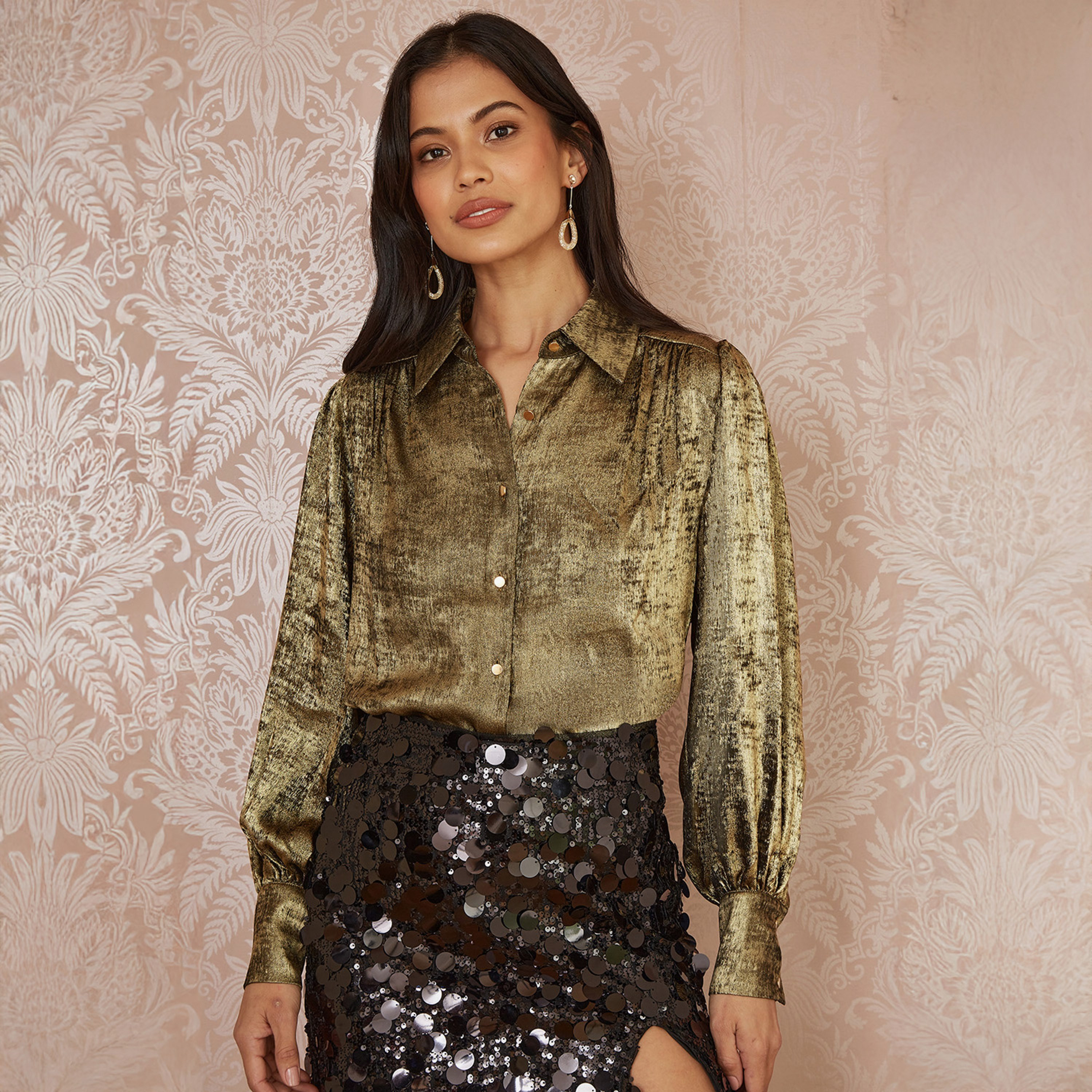 Yumi Metallic Gold Relaxed Evening Women's Shirt with Balloon Sleeves-women-clothing-shirtsandblouses-shirts-image-1