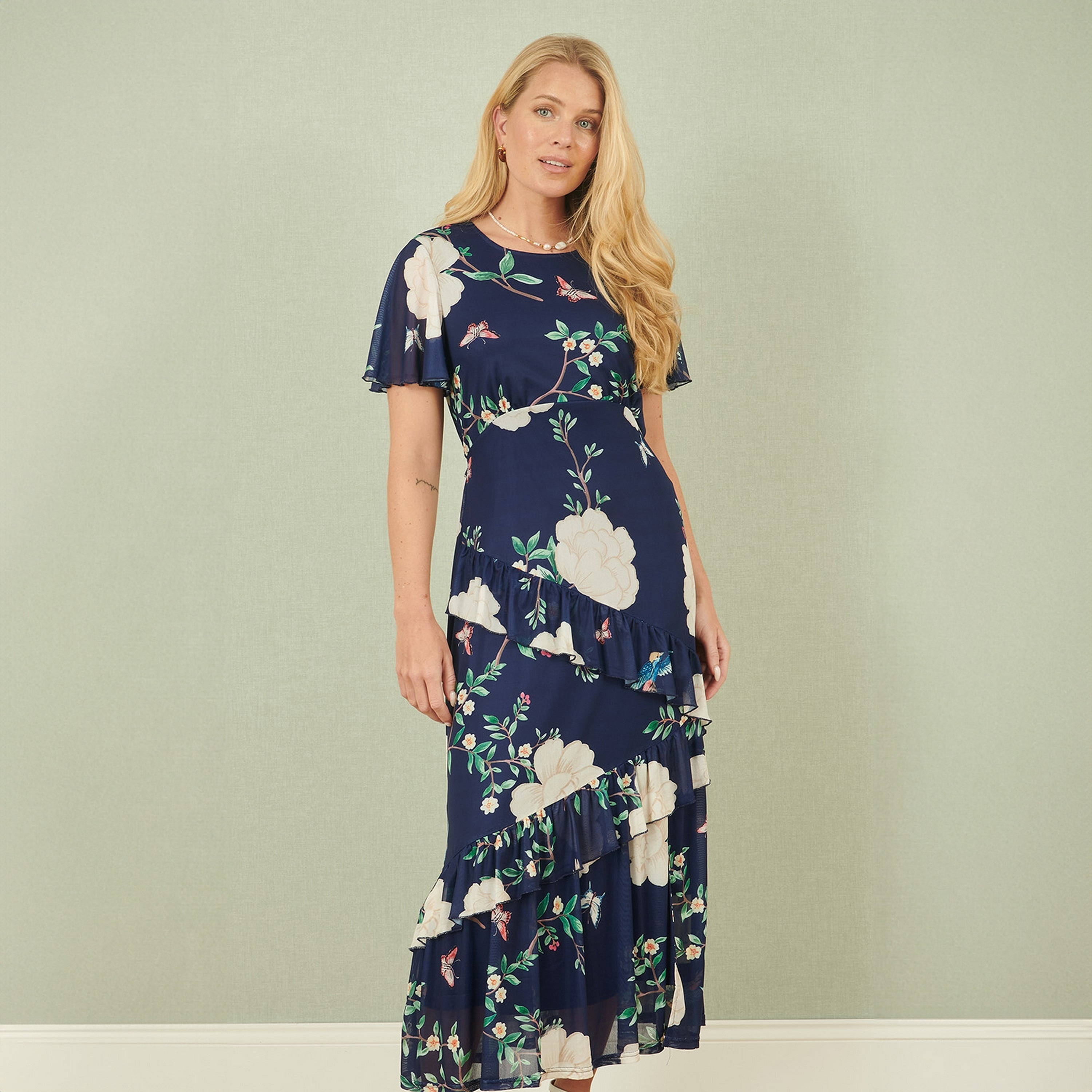Yumi Ruffle Sleeves Floral Print Ruffle Women Midi Dress-women-clothing-dresses-image-1