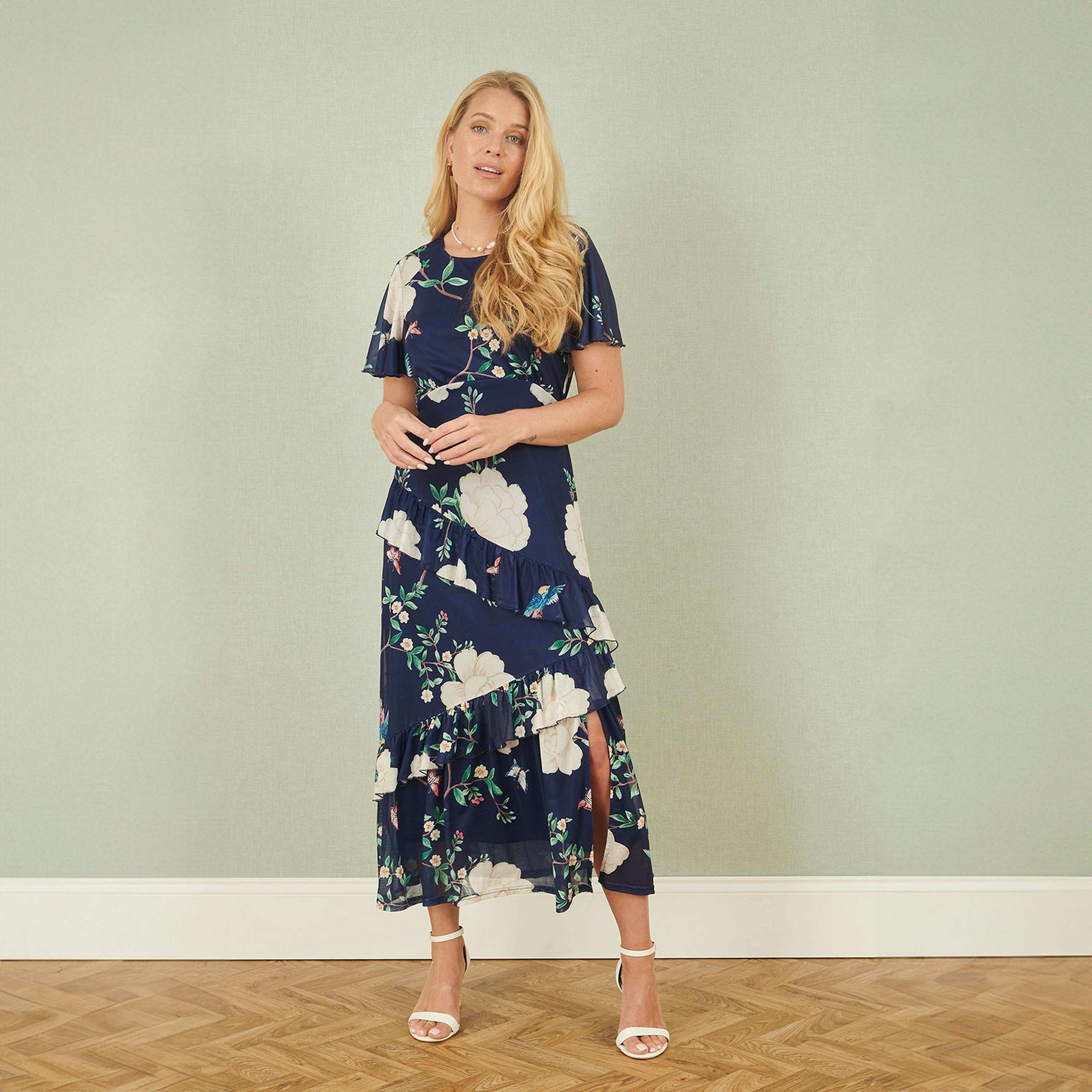 Yumi Ruffle Sleeves Floral Print Ruffle Women Midi Dress-women-clothing-dresses-image-2