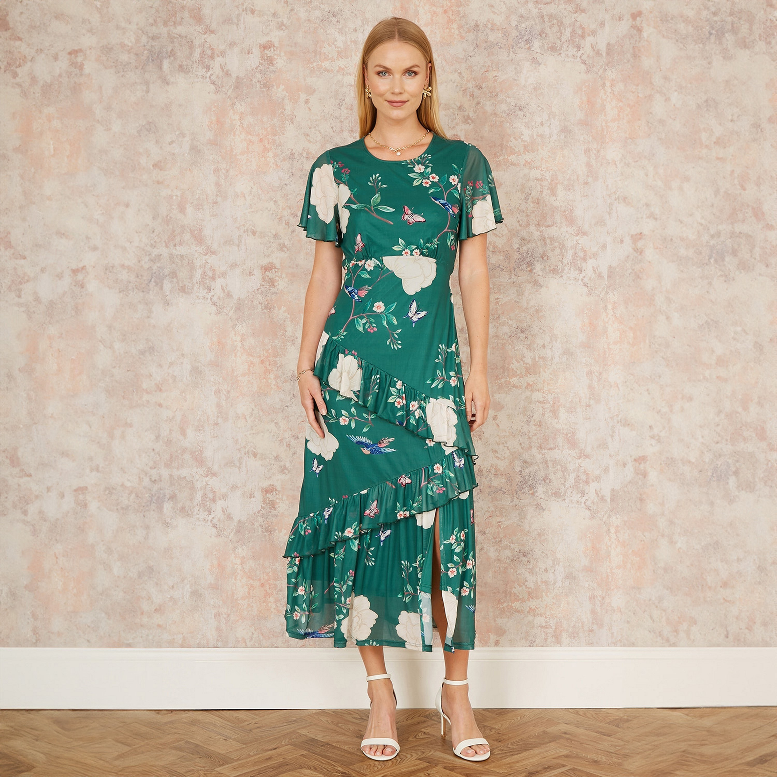 فستان نسائي متوسط ​​الطول مكشكش بأكمام مكشكشة من Yumi-women-clothing-dresses-image-2