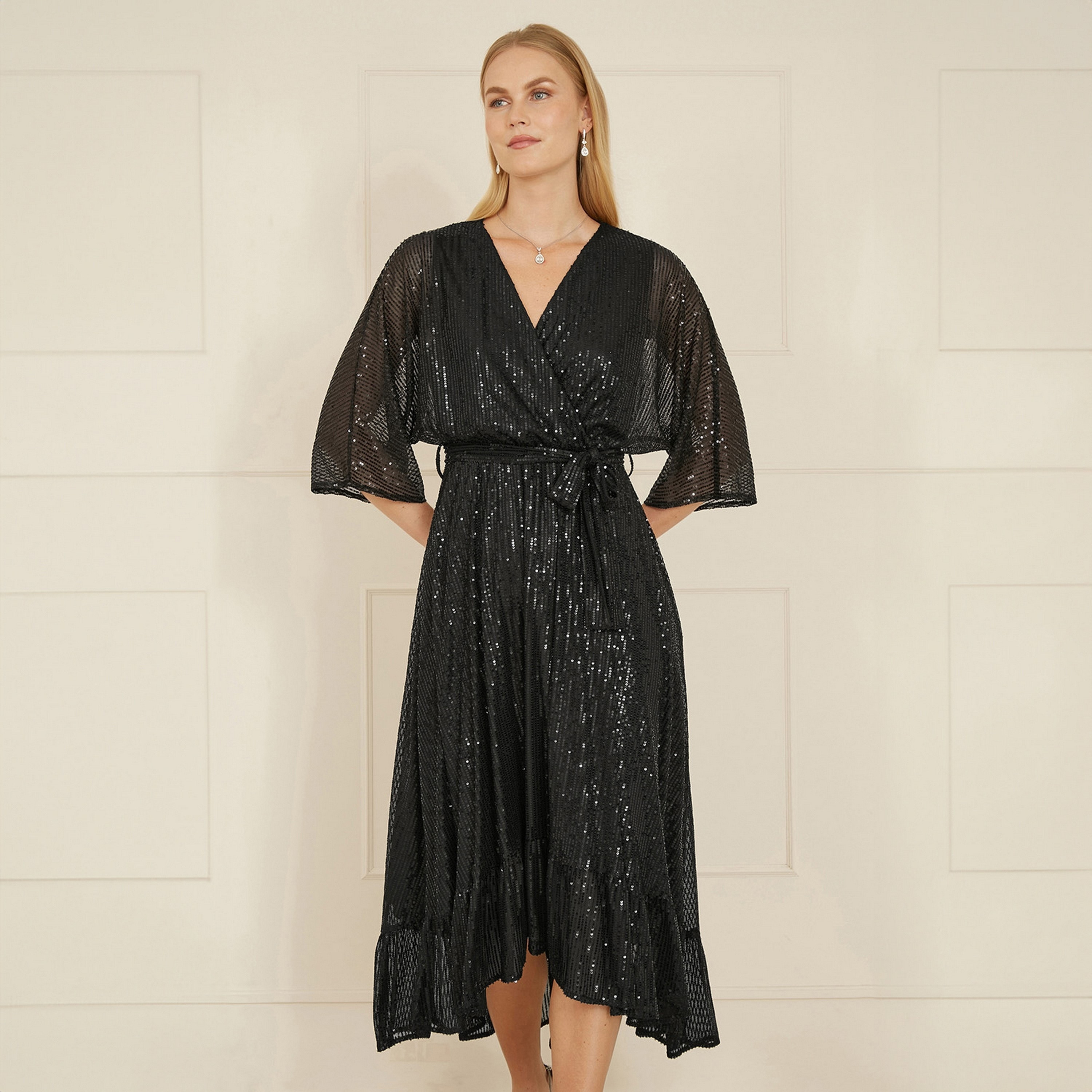 Yumi Black Sequins Wrap Evening Women Midi Dress-women-clothing-dresses-image-1