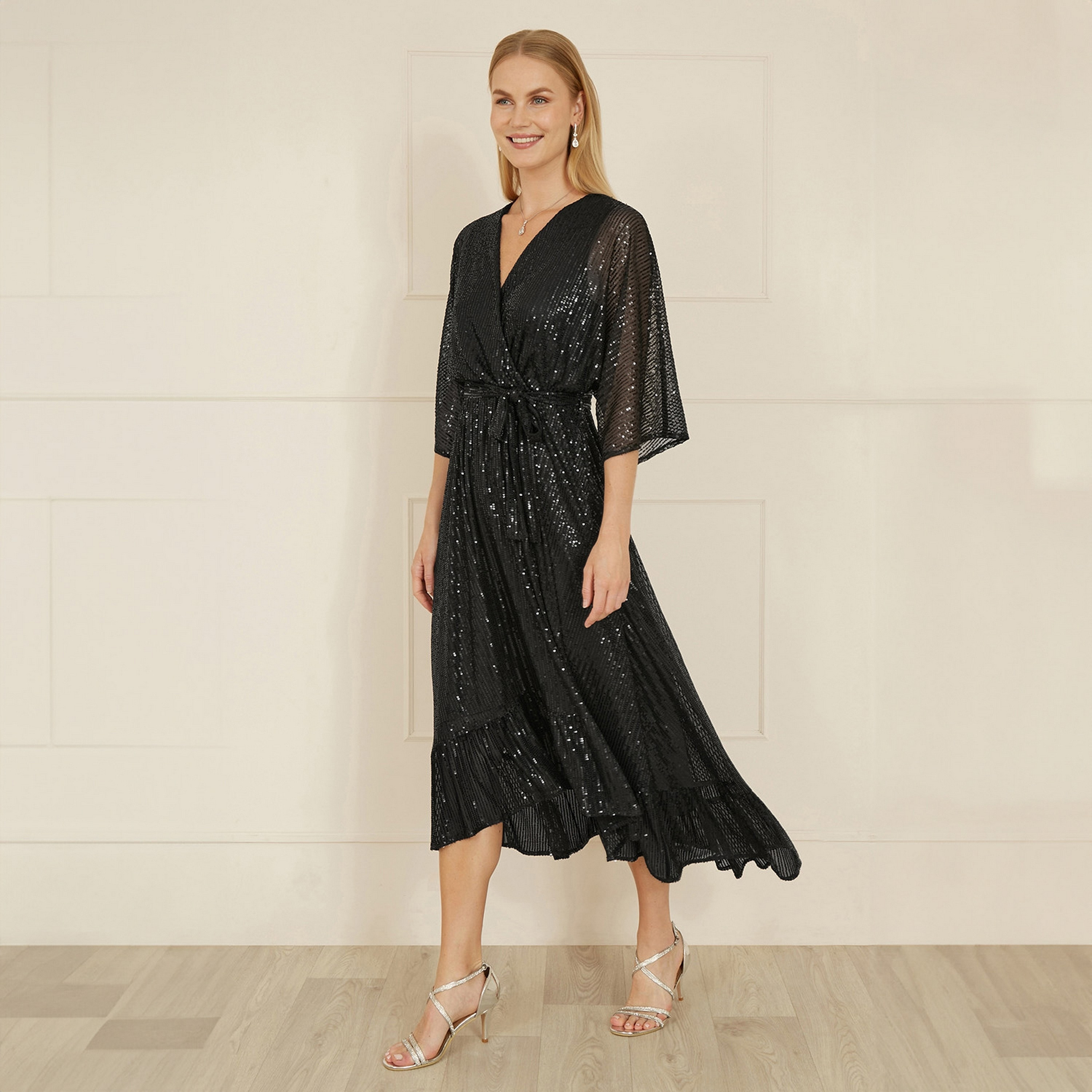 Yumi Black Sequins Wrap Evening Women Midi Dress-women-clothing-dresses-image-2