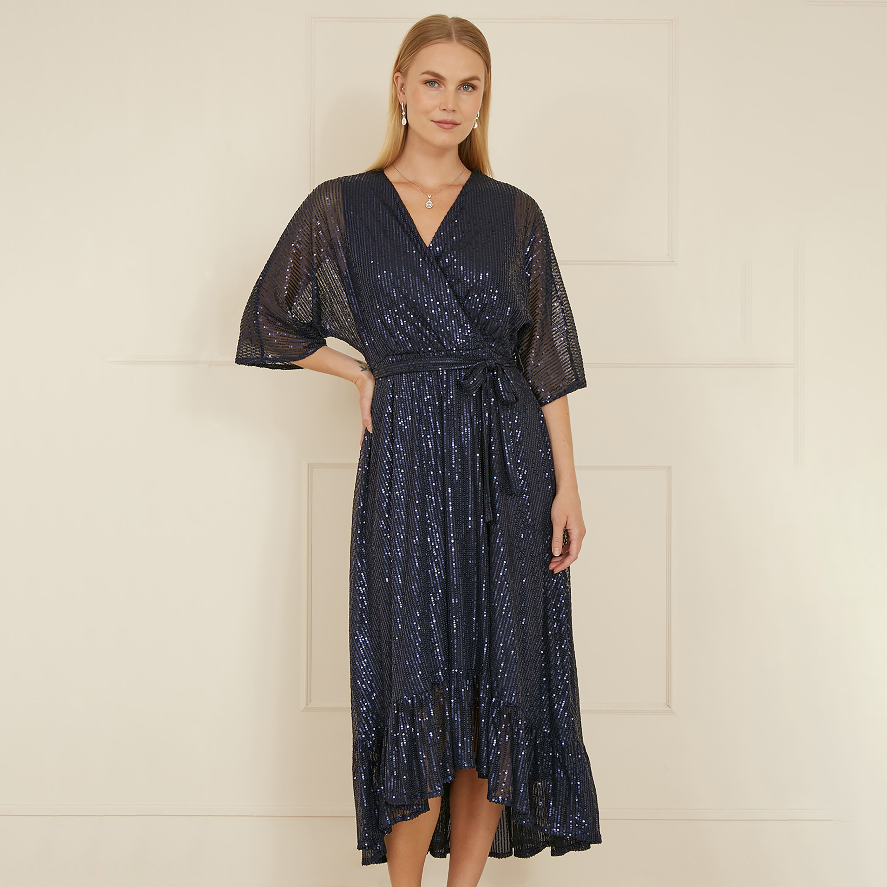 فستان سهرة نسائي متوسط الطول كيمونو ملفوف بالترتر من يامي-women-clothing-dresses-image-1