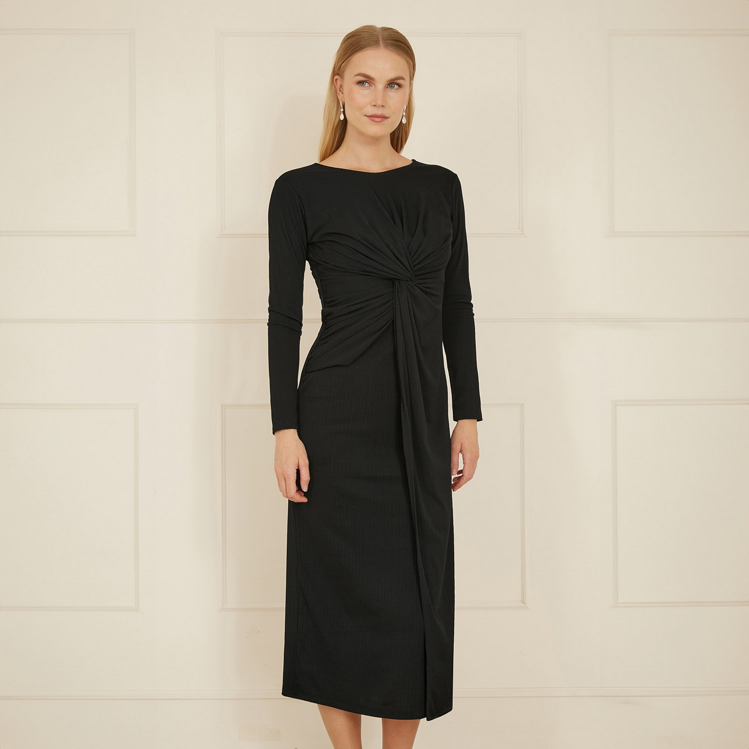 فستان يومي أسود بعقدة ملتوية للنساء-women-clothing-dresses-image-1