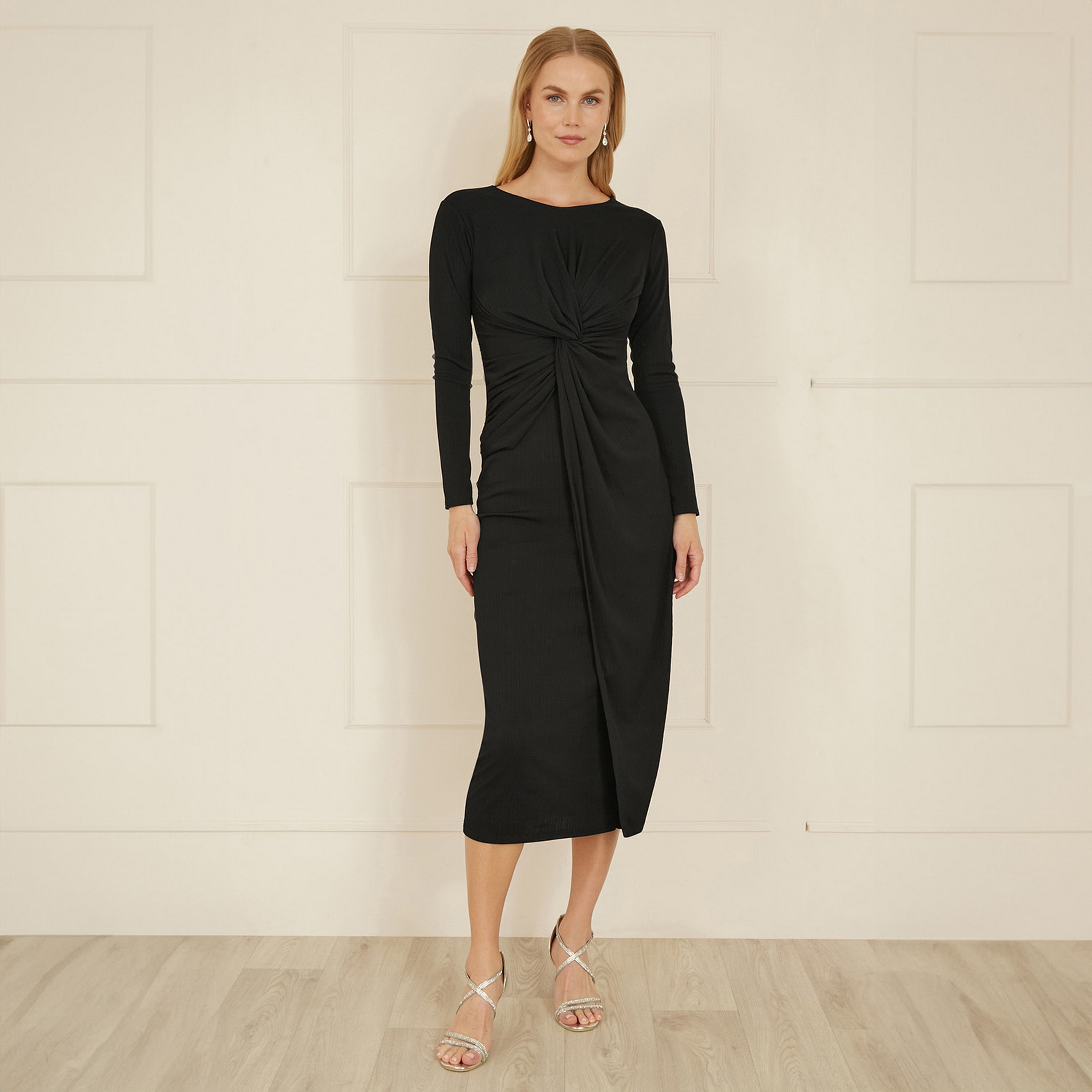 فستان يومي أسود بعقدة ملتوية للنساء-women-clothing-dresses-image-2