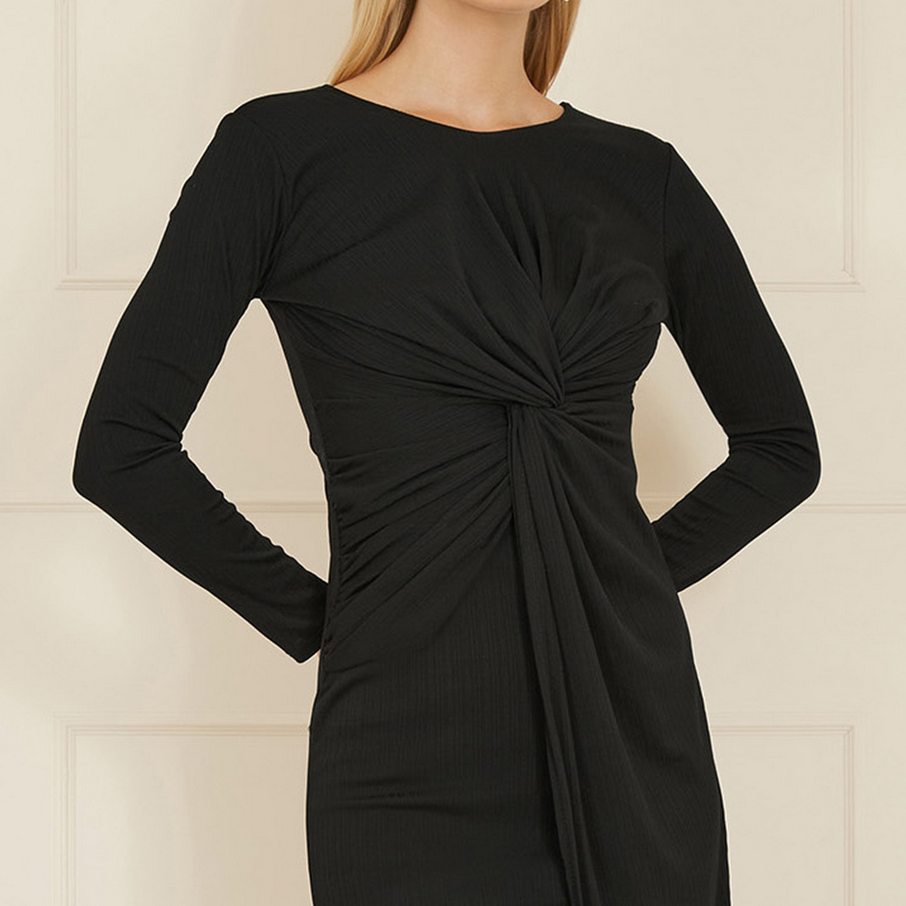 فستان يومي أسود بعقدة ملتوية للنساء-women-clothing-dresses-image-4