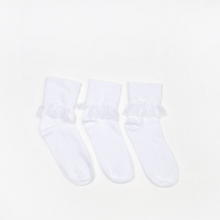 Textured Crew Length Socks with Lace Detail - Set of 3