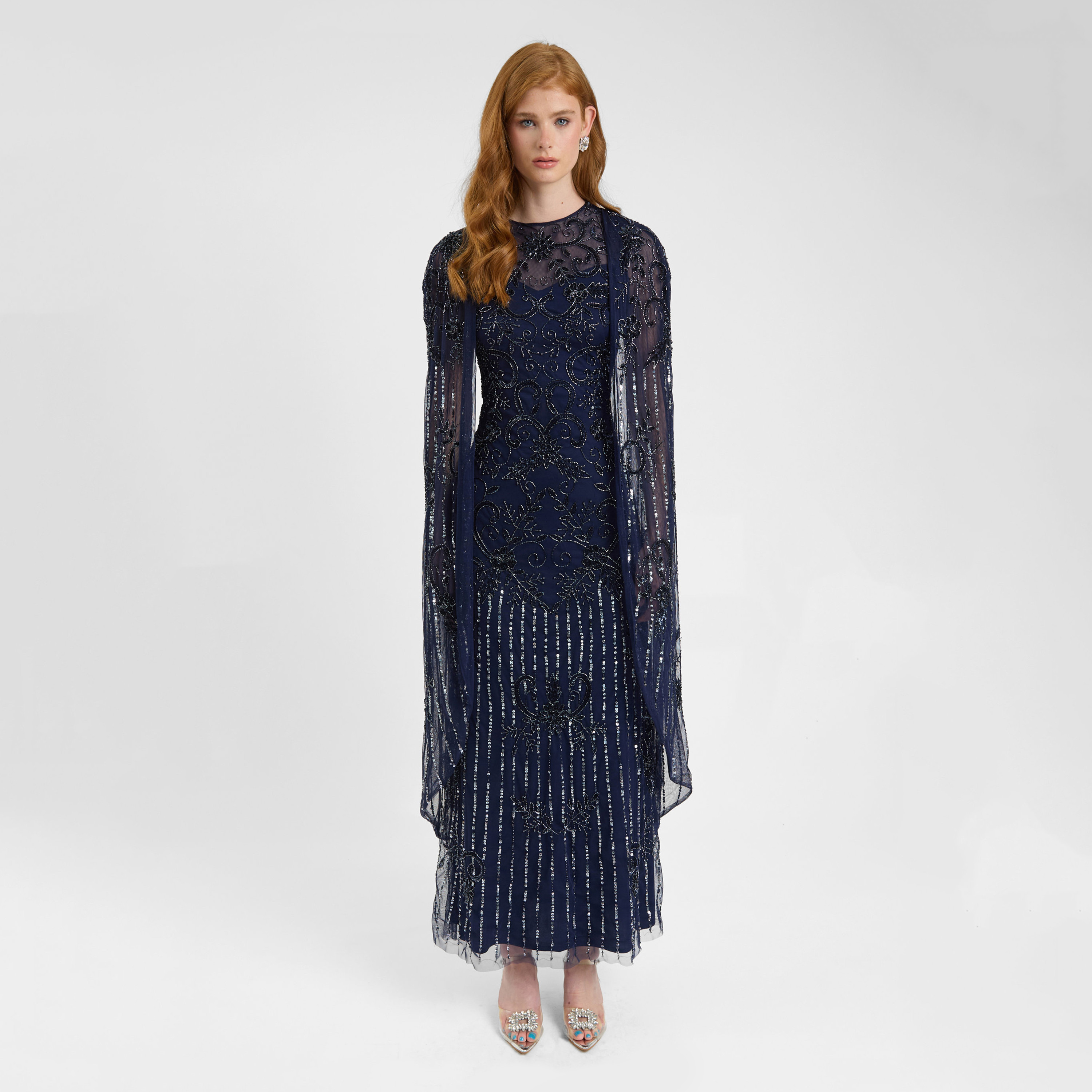 فستان سهرة ماكسي نسائي باللون الأزرق الداكن مزين بأكمام كيب شفافة من بيوت -women-clothing-dresses-image-1