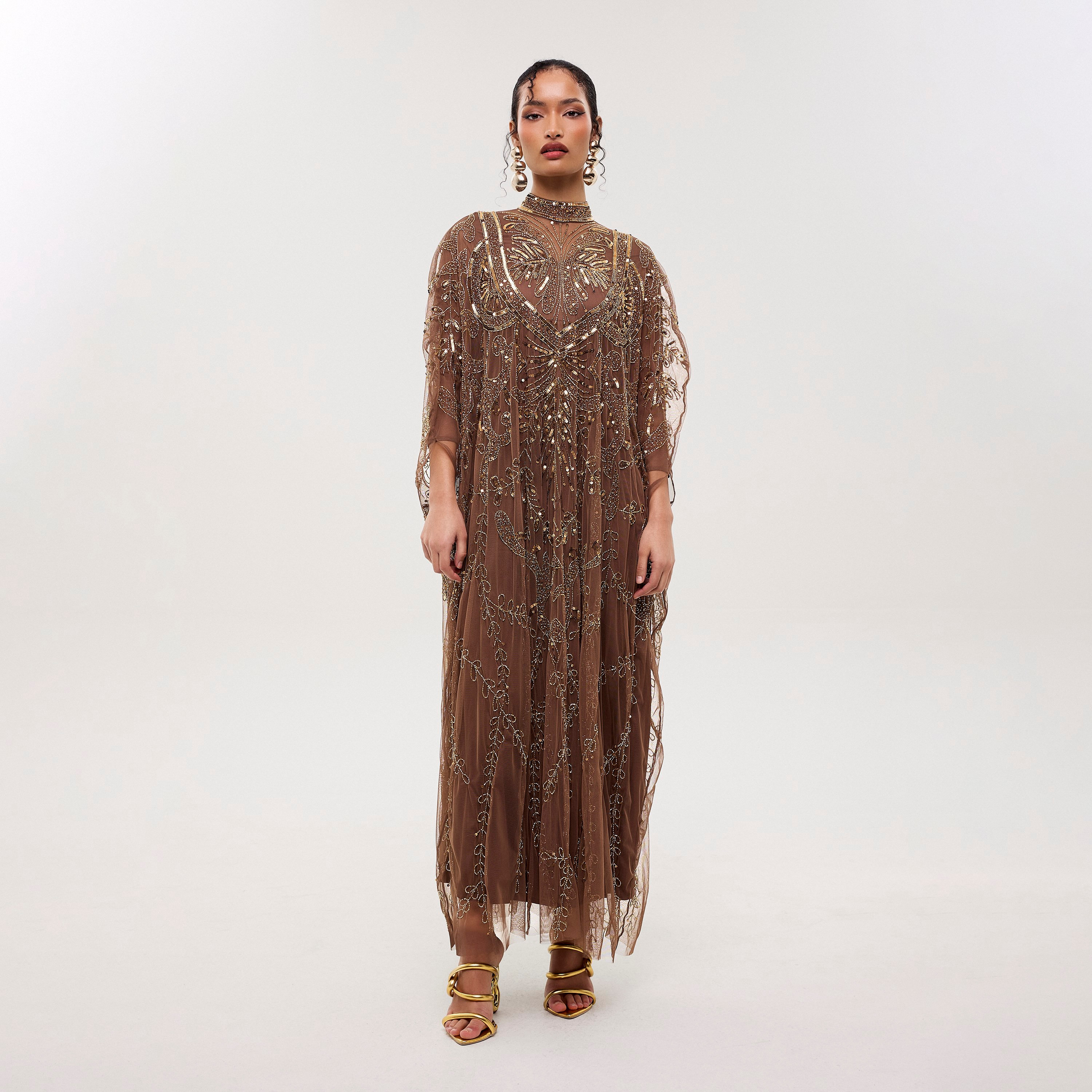 Beauut Blaze Brown Sequined & Beaded High Neck Cape-Style Sleeves Women's Evening Maxi Dress-women-clothing-dresses-image-1