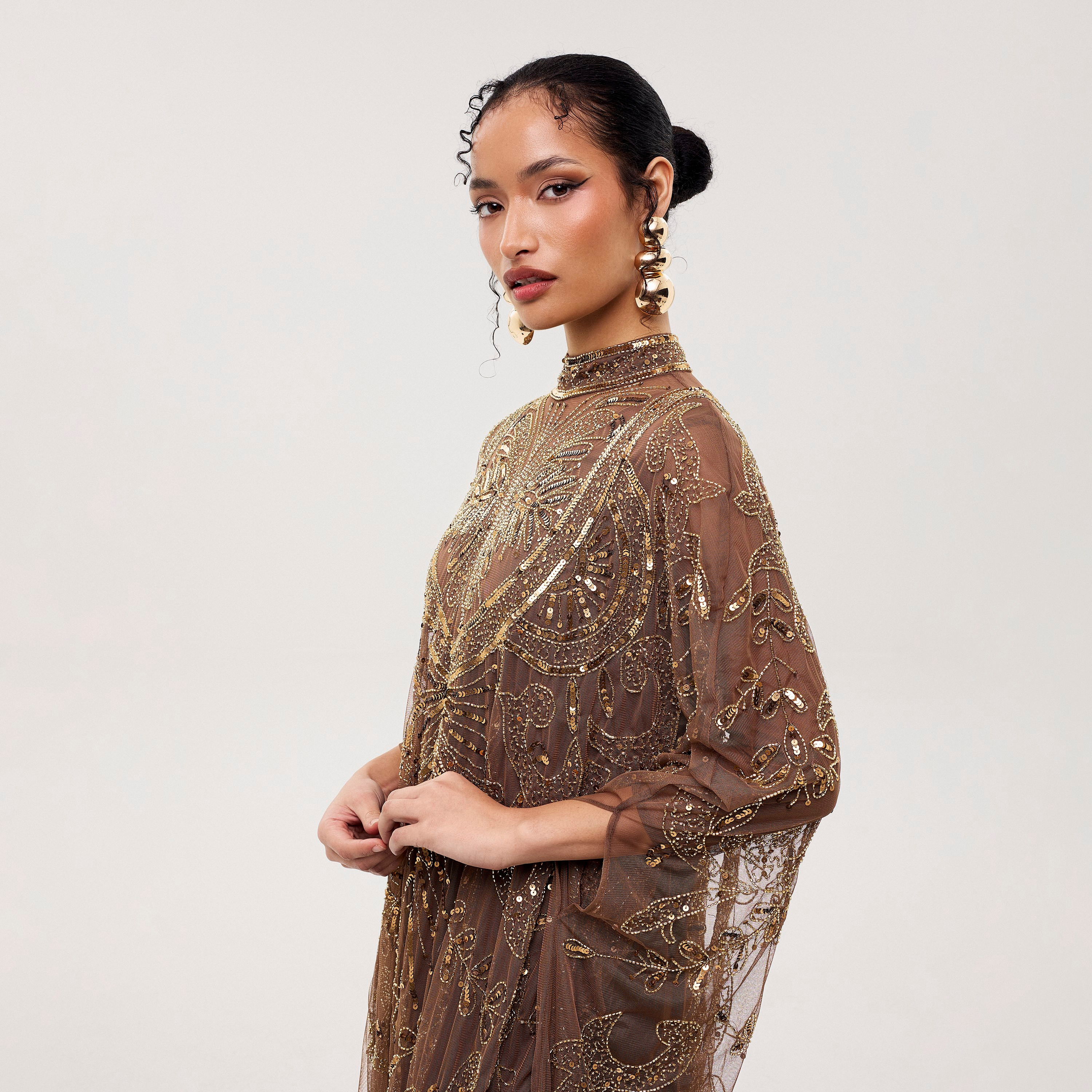 Beauut Blaze Brown Sequined & Beaded High Neck Cape-Style Sleeves Women's Evening Maxi Dress-women-clothing-dresses-image-2