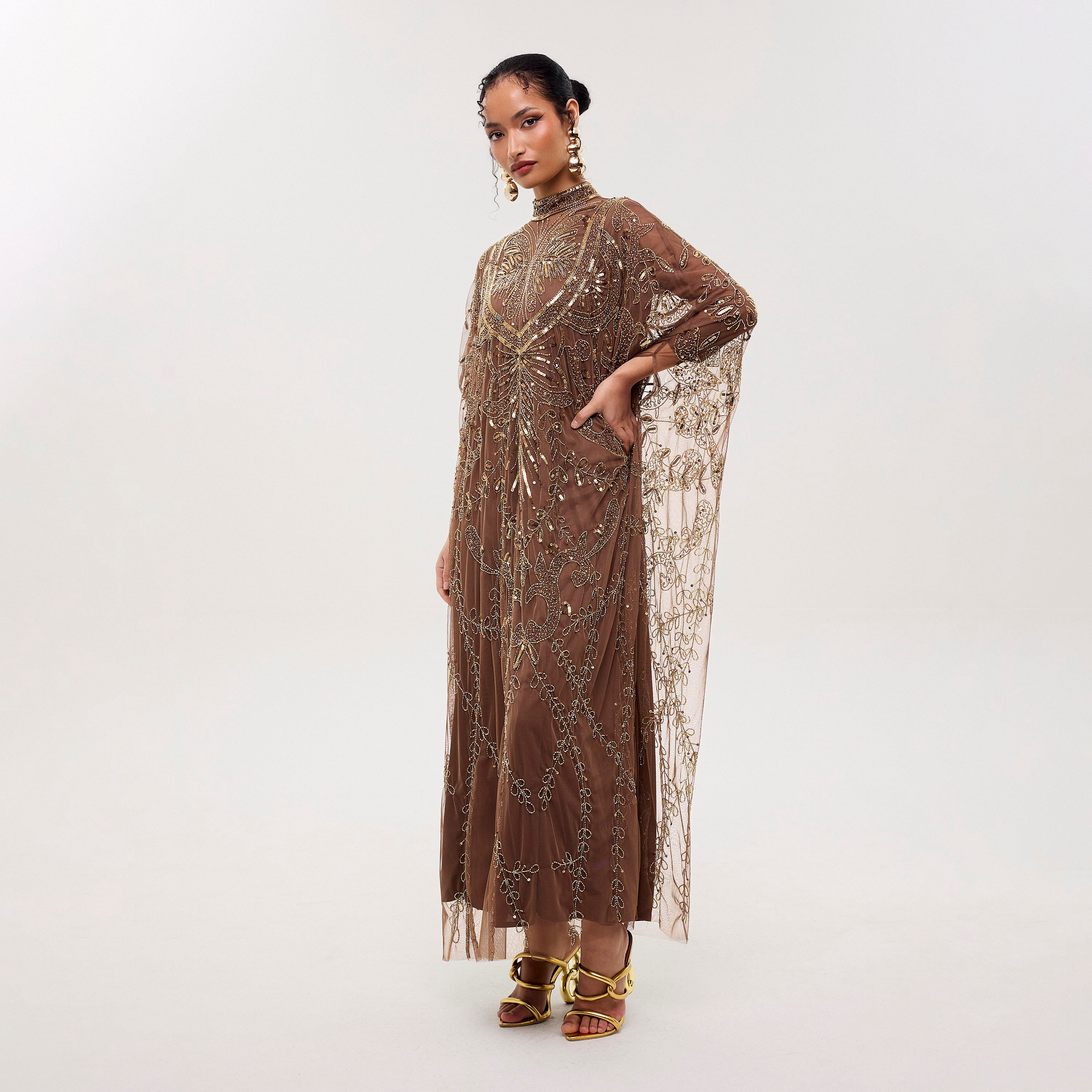 Beauut Blaze Brown Sequined & Beaded High Neck Cape-Style Sleeves Women's Evening Maxi Dress-women-clothing-dresses-image-3