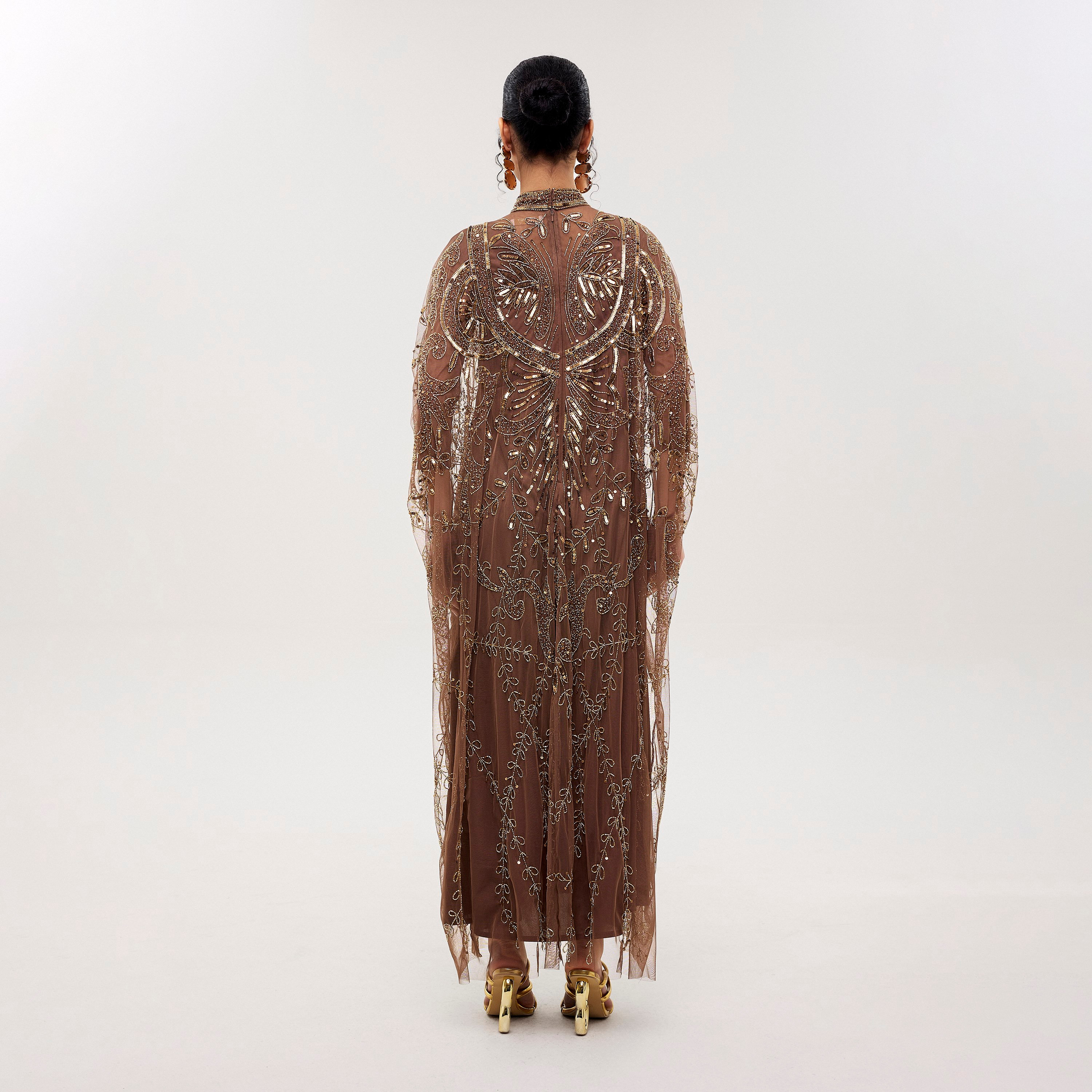 Beauut Blaze Brown Sequined & Beaded High Neck Cape-Style Sleeves Women's Evening Maxi Dress-women-clothing-dresses-image-4