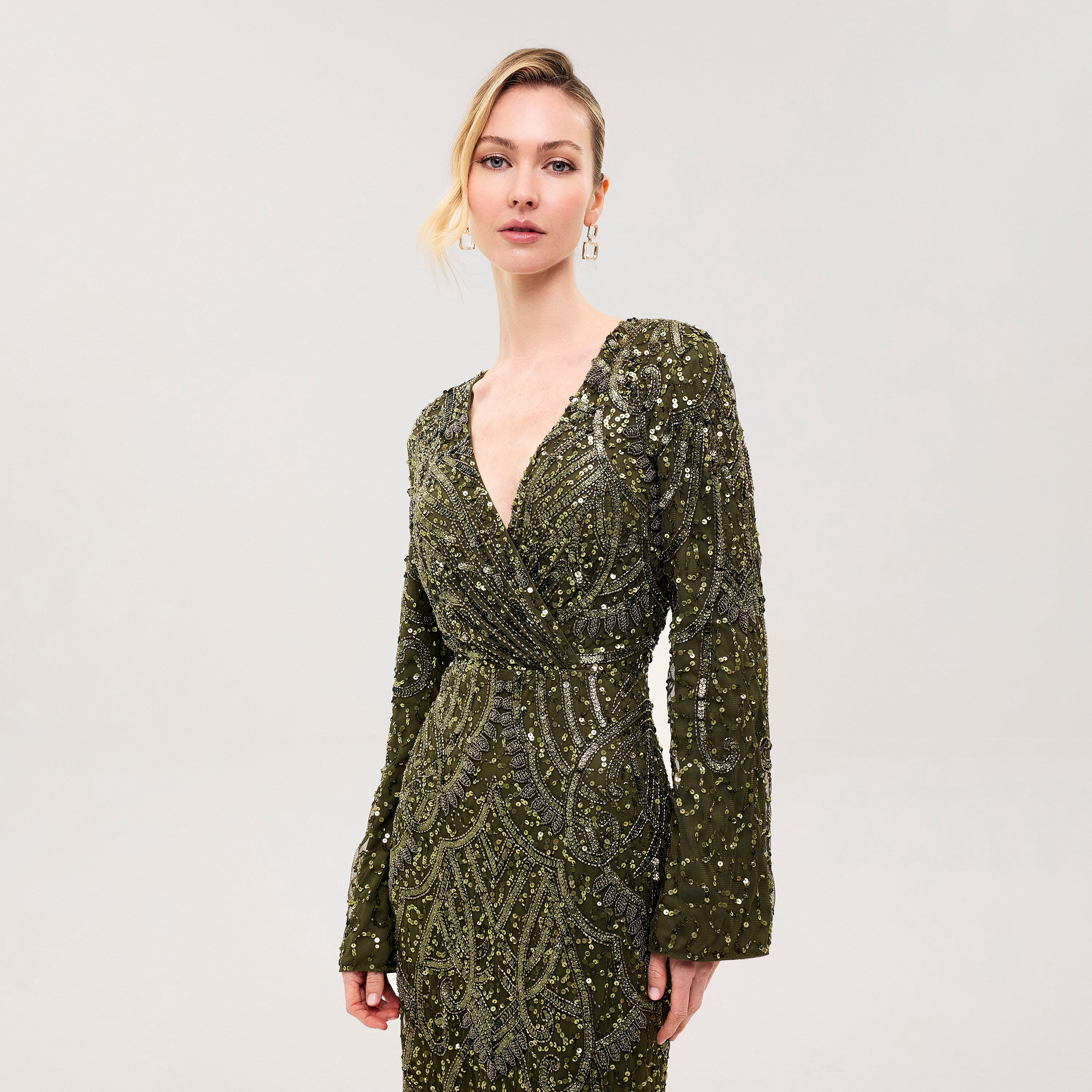 Beauut Evoke Olive Green Sequined & Beaded Surplice Neck Column Women's Evening Maxi Dress-women-clothing-dresses-image-3