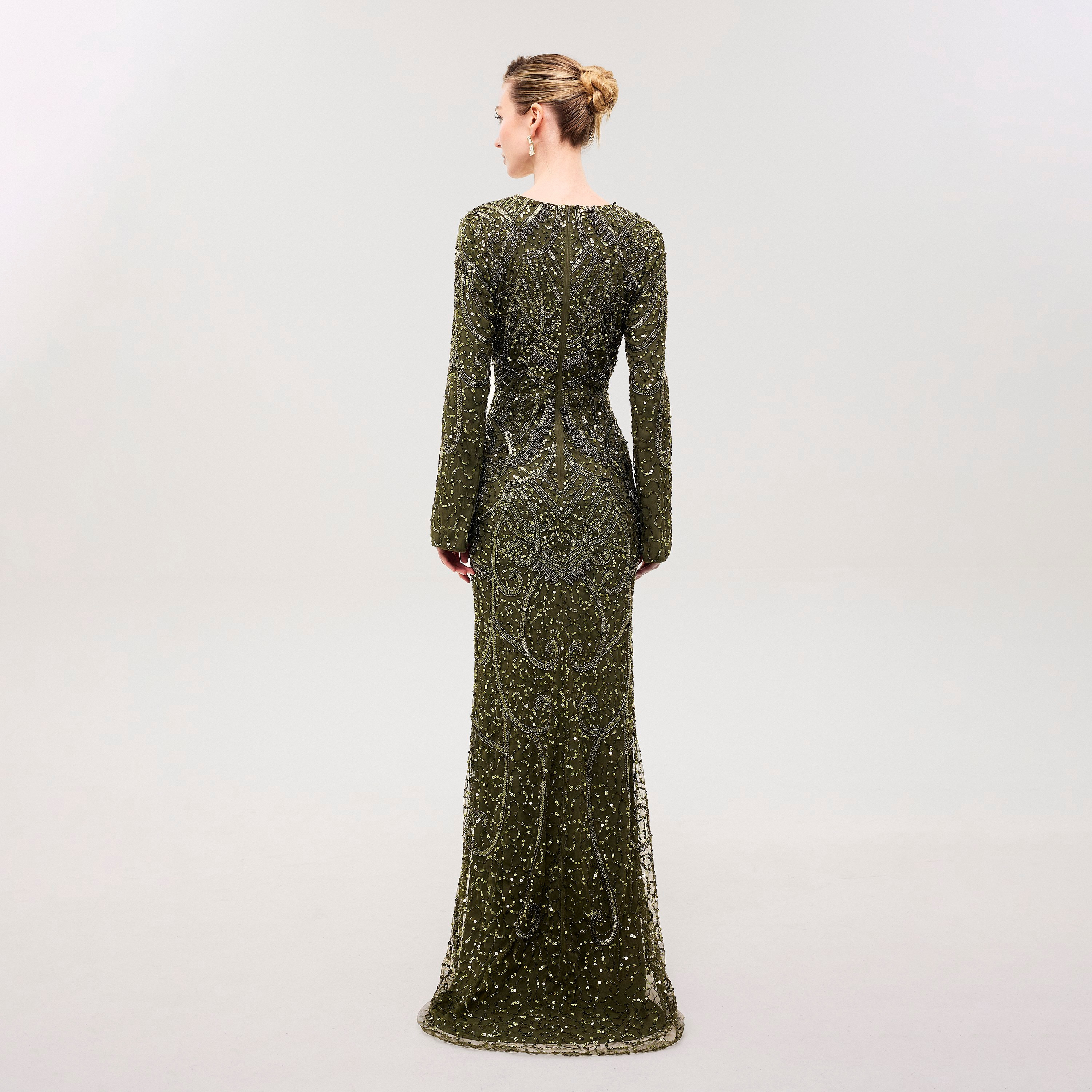 Beauut Evoke Olive Green Sequined & Beaded Surplice Neck Column Women's Evening Maxi Dress-women-clothing-dresses-image-5