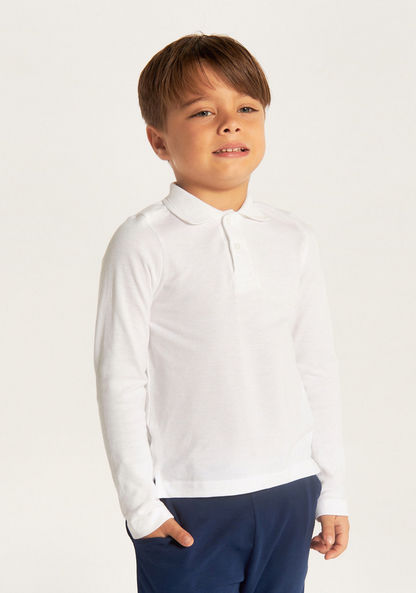 Juniors Solid Polo T-shirt with Long Sleeves and Button Closure-Tops-image-0