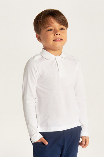 Juniors Solid Polo T-shirt with Long Sleeves and Button Closure