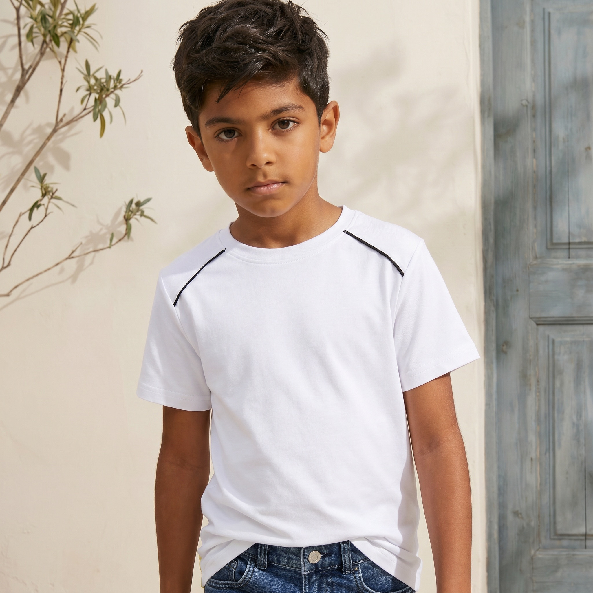 تيشيرت بياقة ضيقة وأكمام قصيرة وتفاصيل متباينة من جونيورز-boys-clothing-tshirtsandpolos-image-1