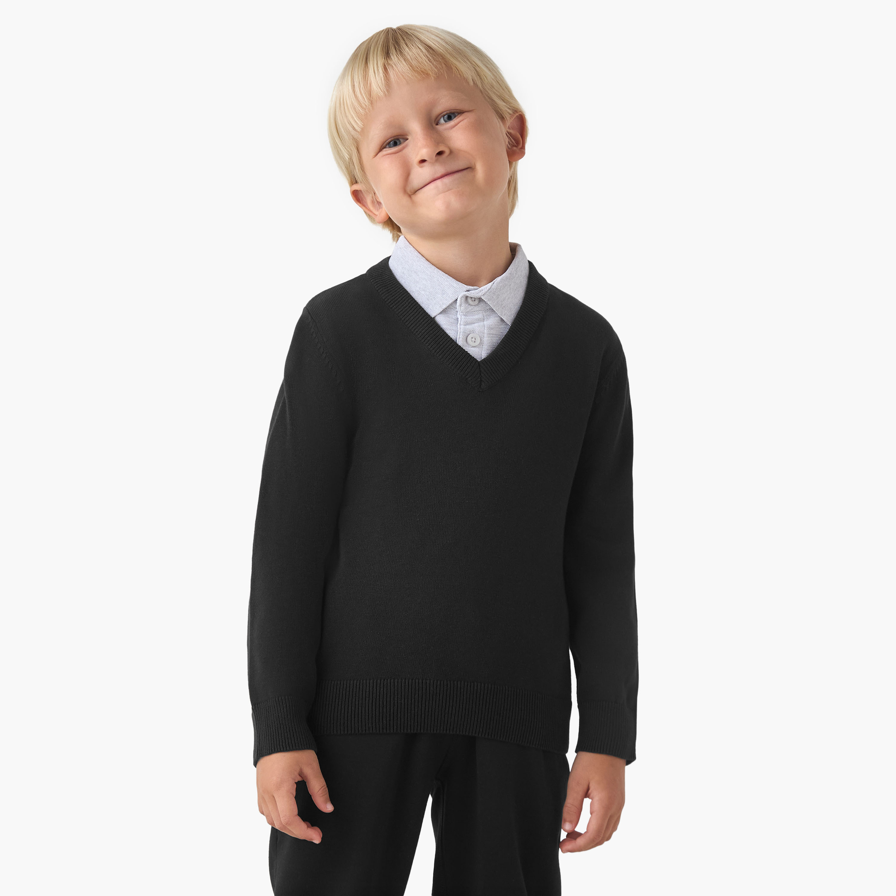 Juniors Solid Sweater with V-neck and Long Sleeves-boys-clothing-jumpersandcardigans-image-1