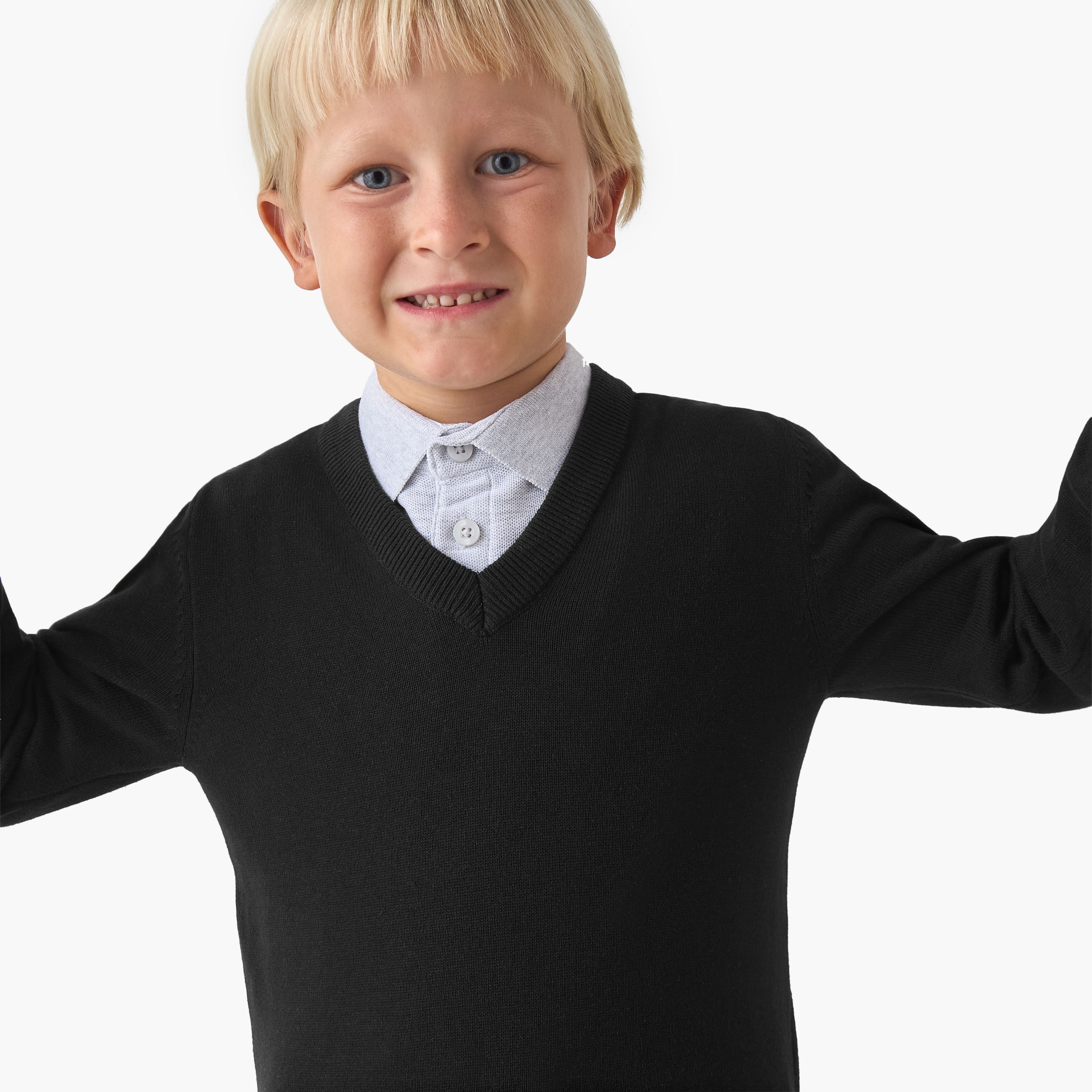 Juniors Solid Sweater with V-neck and Long Sleeves-boys-clothing-jumpersandcardigans-image-4
