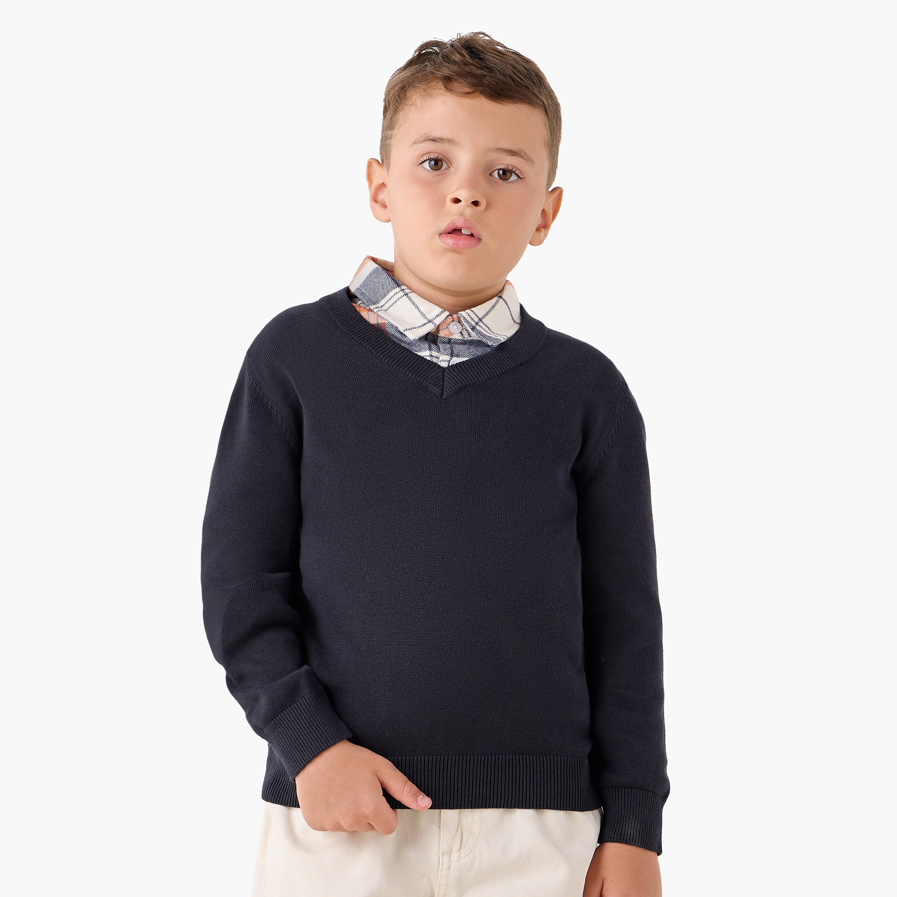 Juniors Solid Sweater with V-neck and Long Sleeves-boys-clothing-jumpersandcardigans-image-1