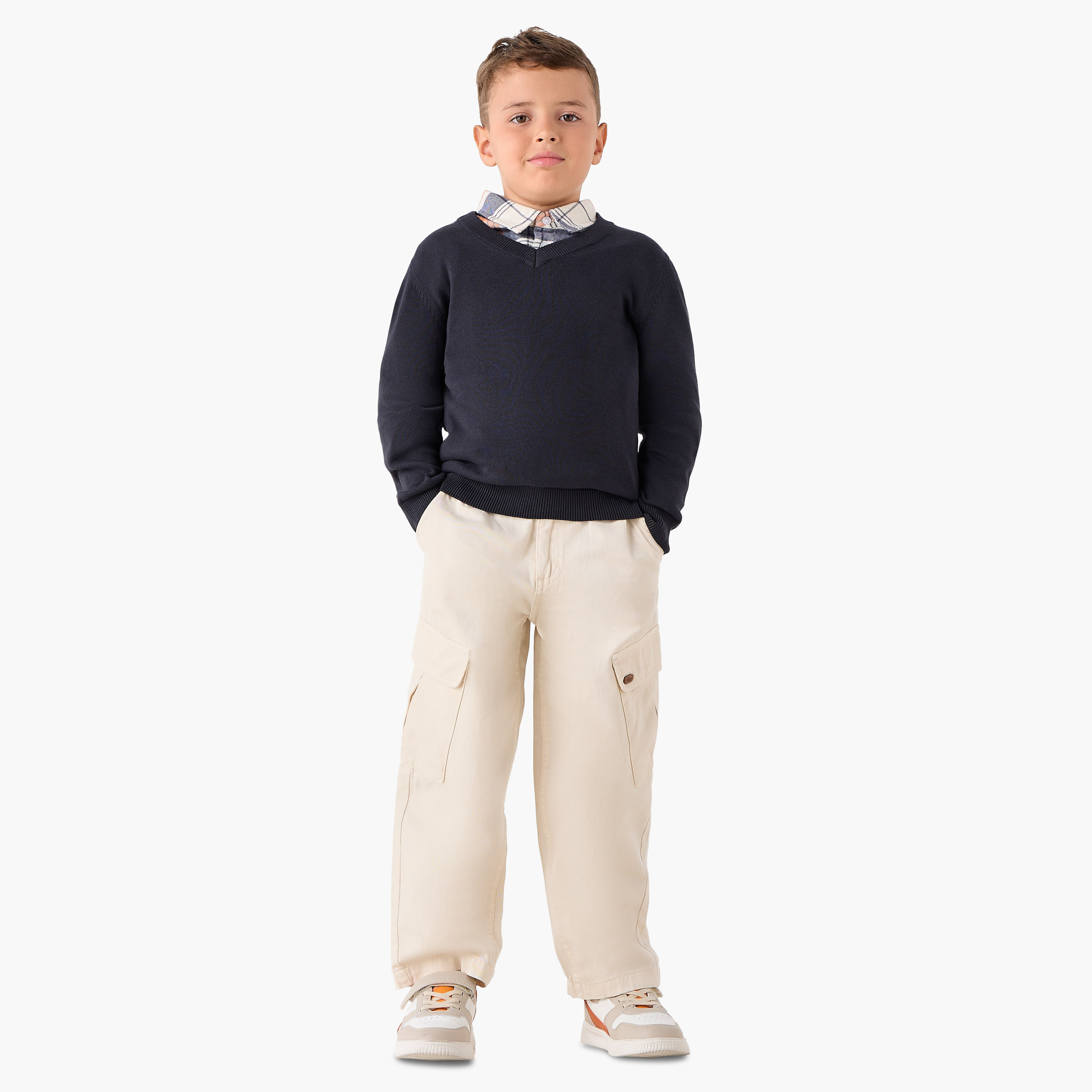 Juniors Solid Sweater with V-neck and Long Sleeves-boys-clothing-jumpersandcardigans-image-2