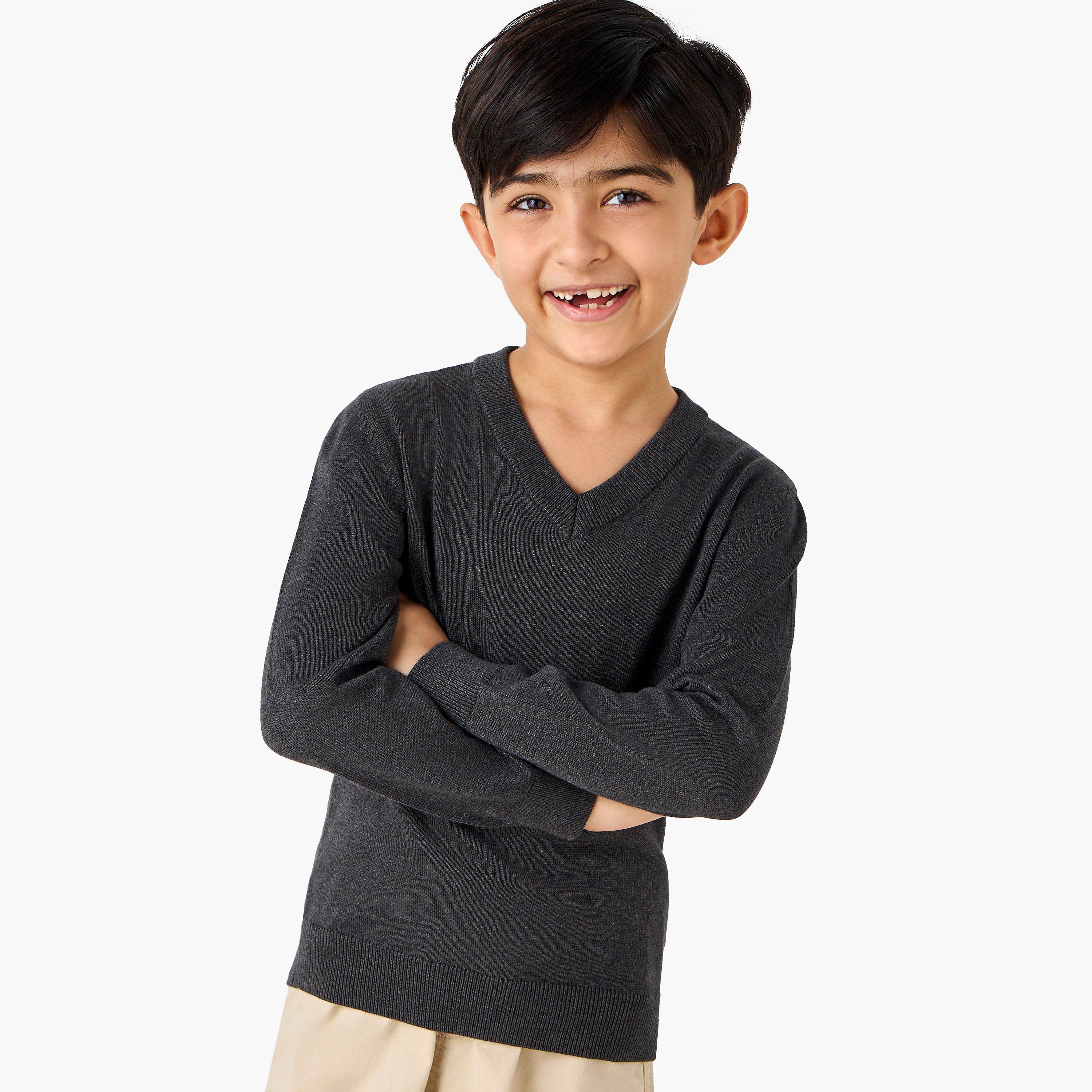 Juniors Solid Sweater with V-neck and Long Sleeves-boys-clothing-jumpersandcardigans-image-1