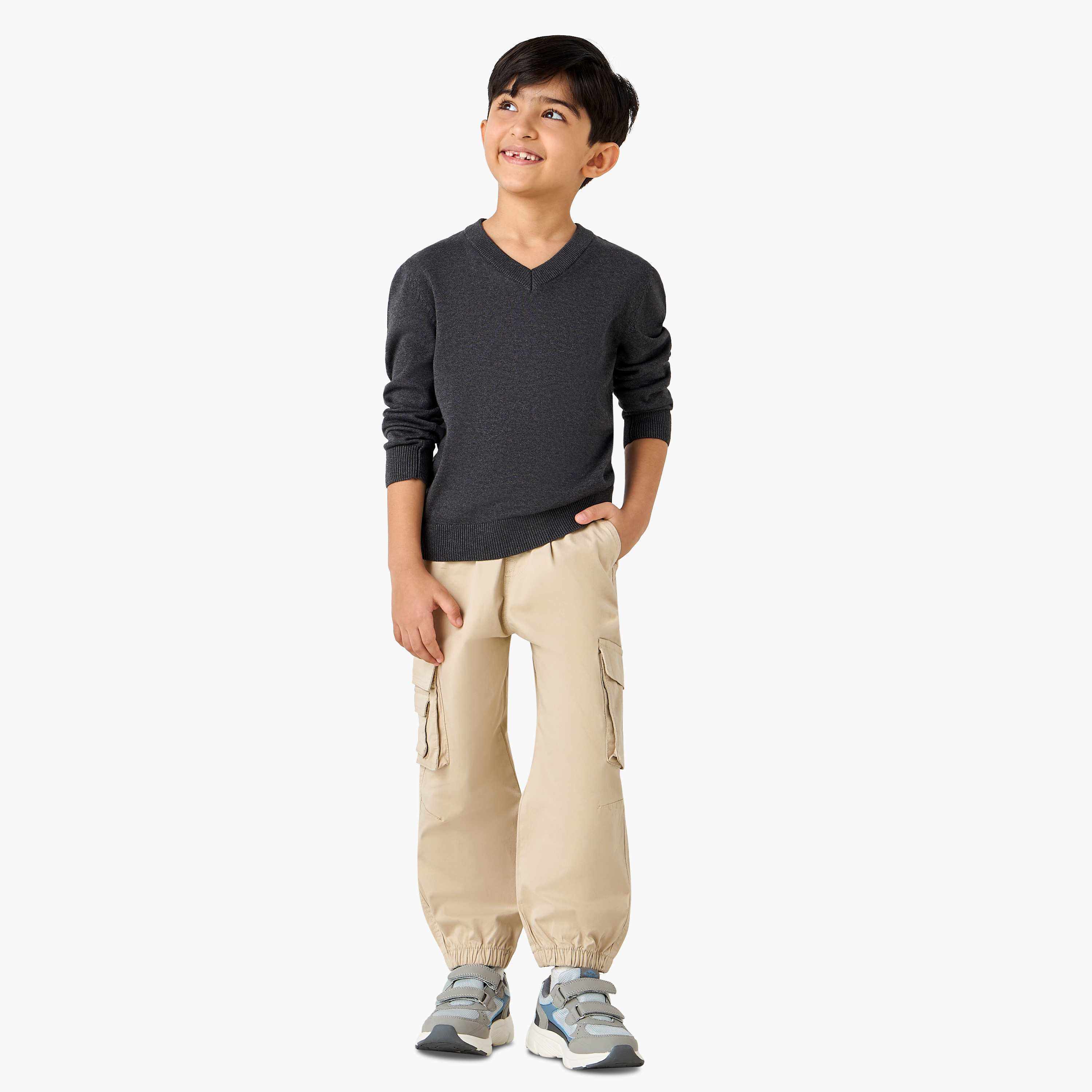 Juniors Solid Sweater with V-neck and Long Sleeves-boys-clothing-jumpersandcardigans-image-2