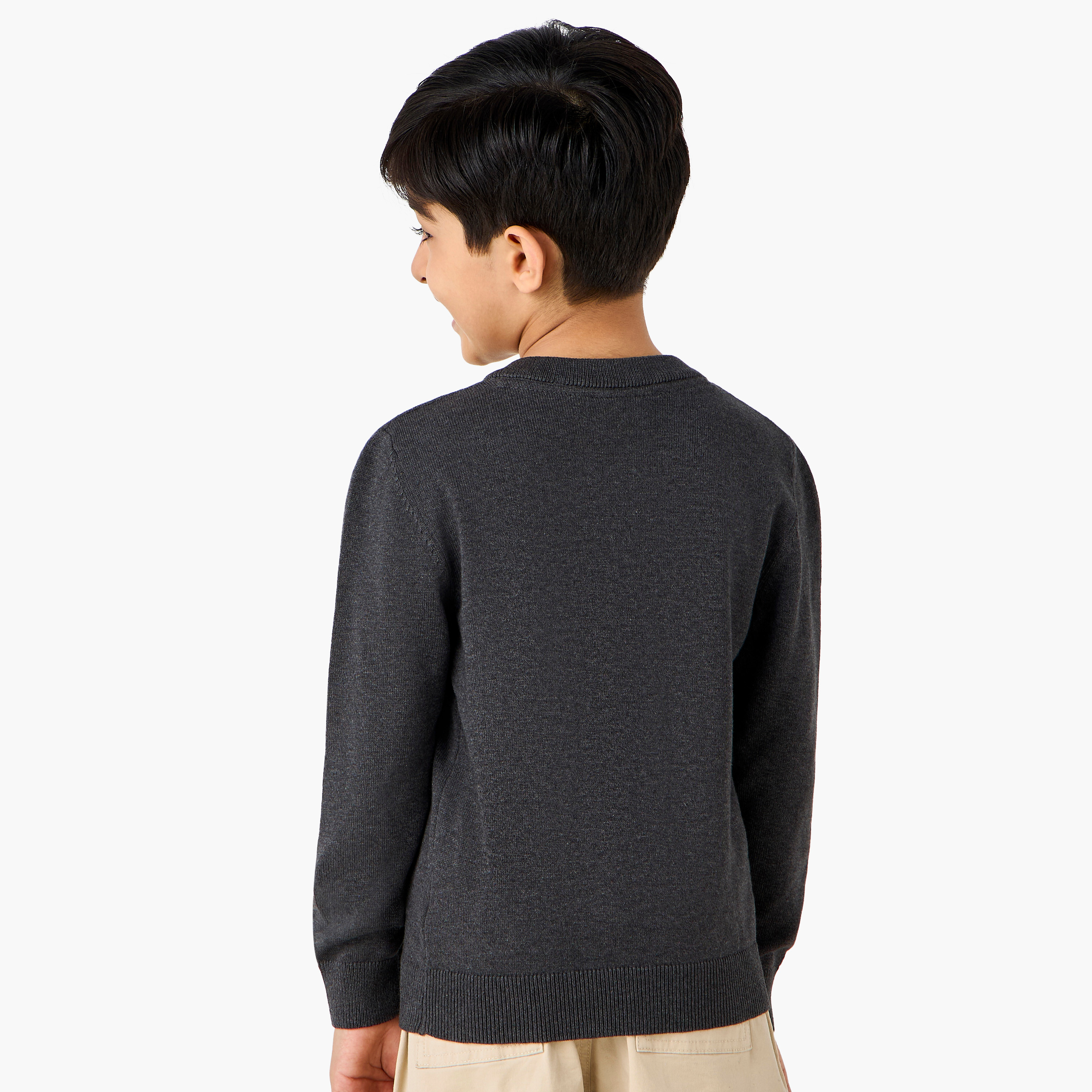 Juniors Solid Sweater with V-neck and Long Sleeves-boys-clothing-jumpersandcardigans-image-3