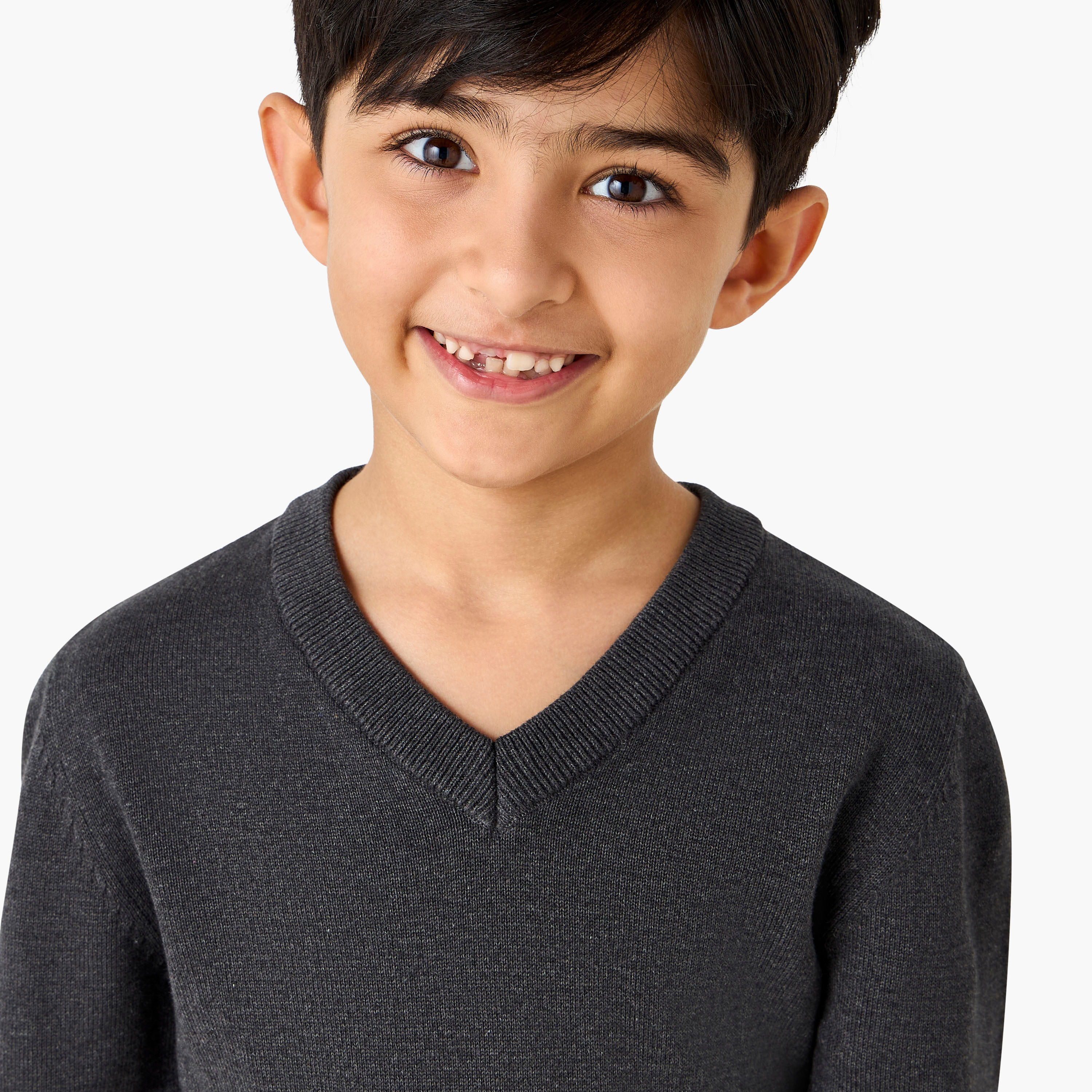 Juniors Solid Sweater with V-neck and Long Sleeves-boys-clothing-jumpersandcardigans-image-4