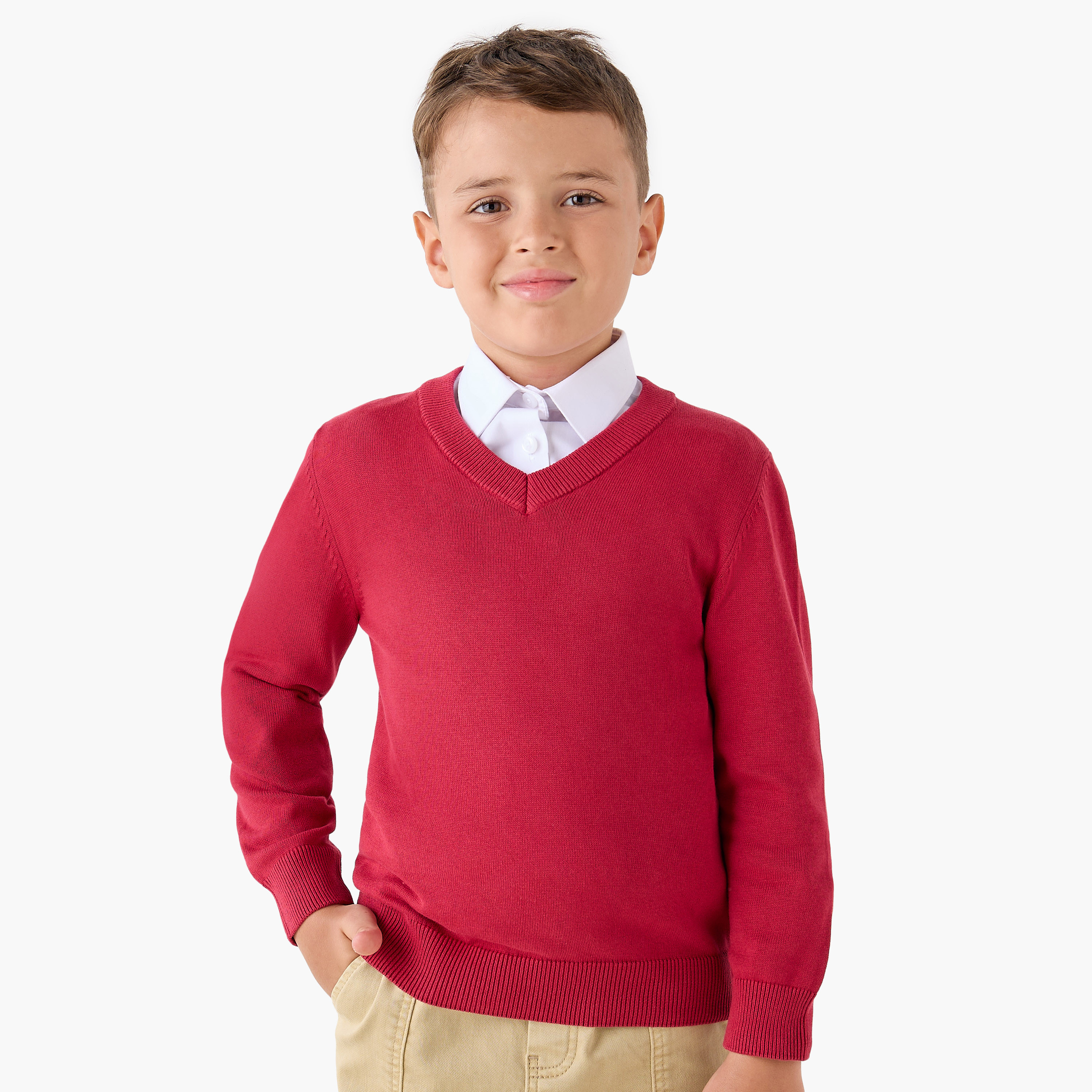 Juniors Solid Sweater with V-neck and Long Sleeves-boys-clothing-jumpersandcardigans-image-1