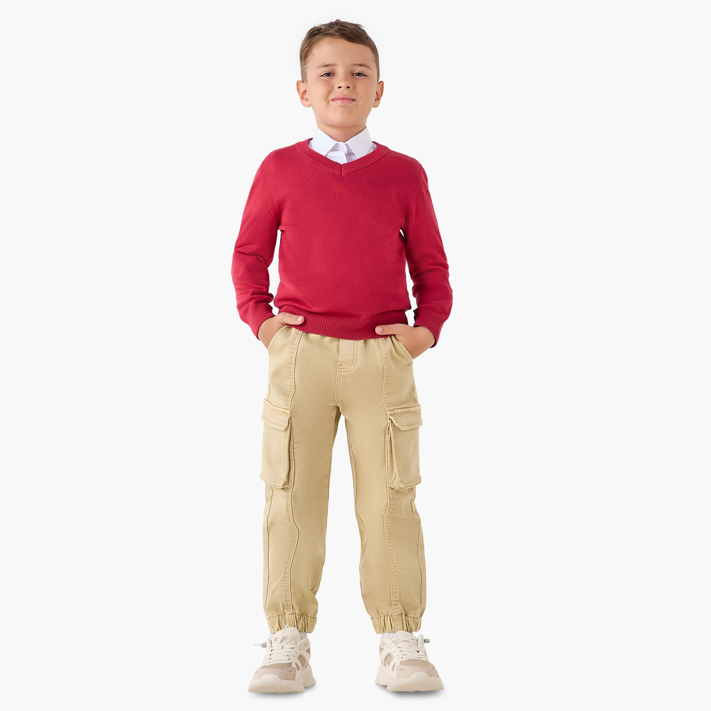 Juniors Solid Sweater with V-neck and Long Sleeves-boys-clothing-jumpersandcardigans-image-2