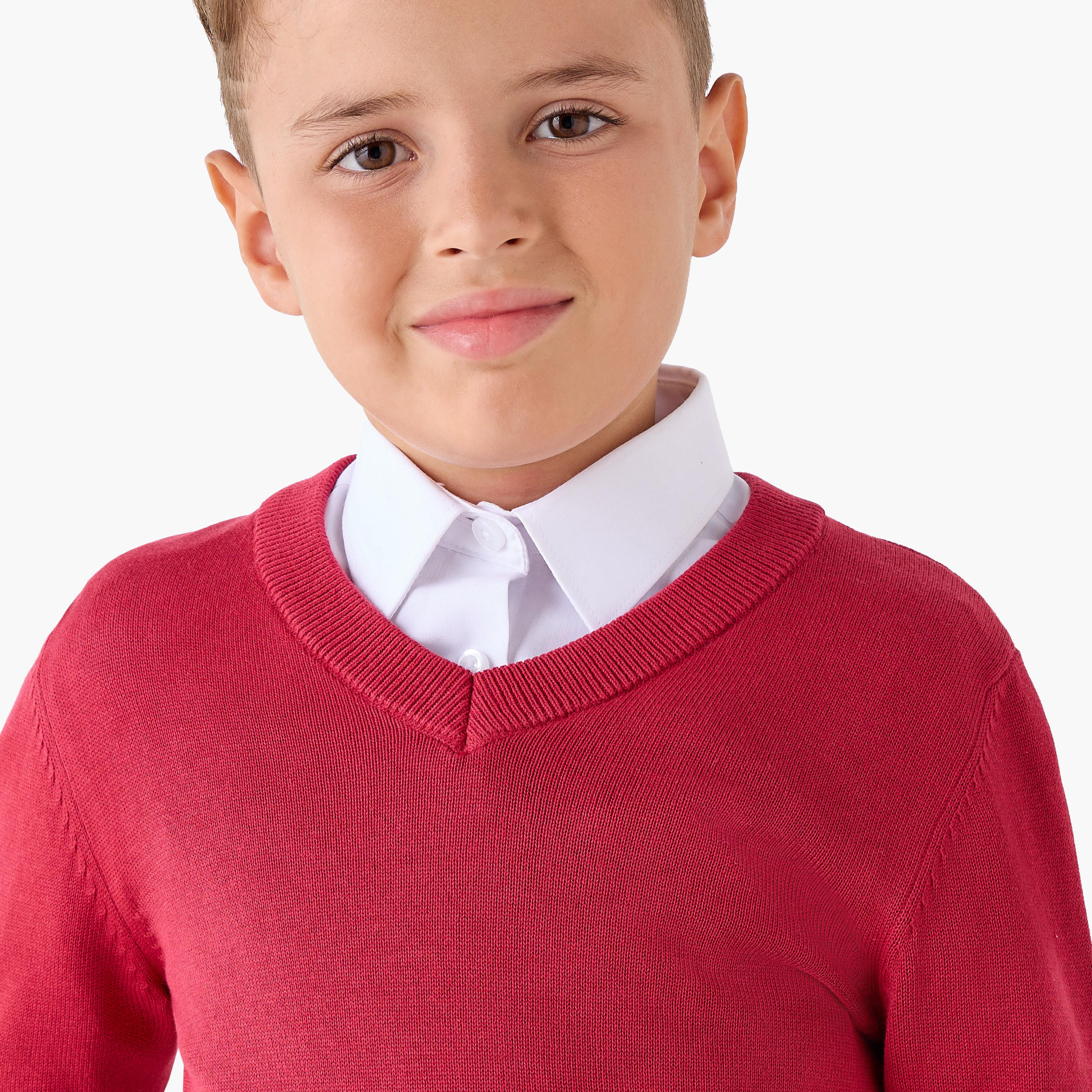 Juniors Solid Sweater with V-neck and Long Sleeves-boys-clothing-jumpersandcardigans-image-4