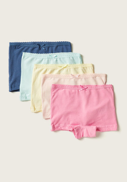 Juniors Solid Boyshorts with Elasticated Waistband and Bow Trim - Set of 5